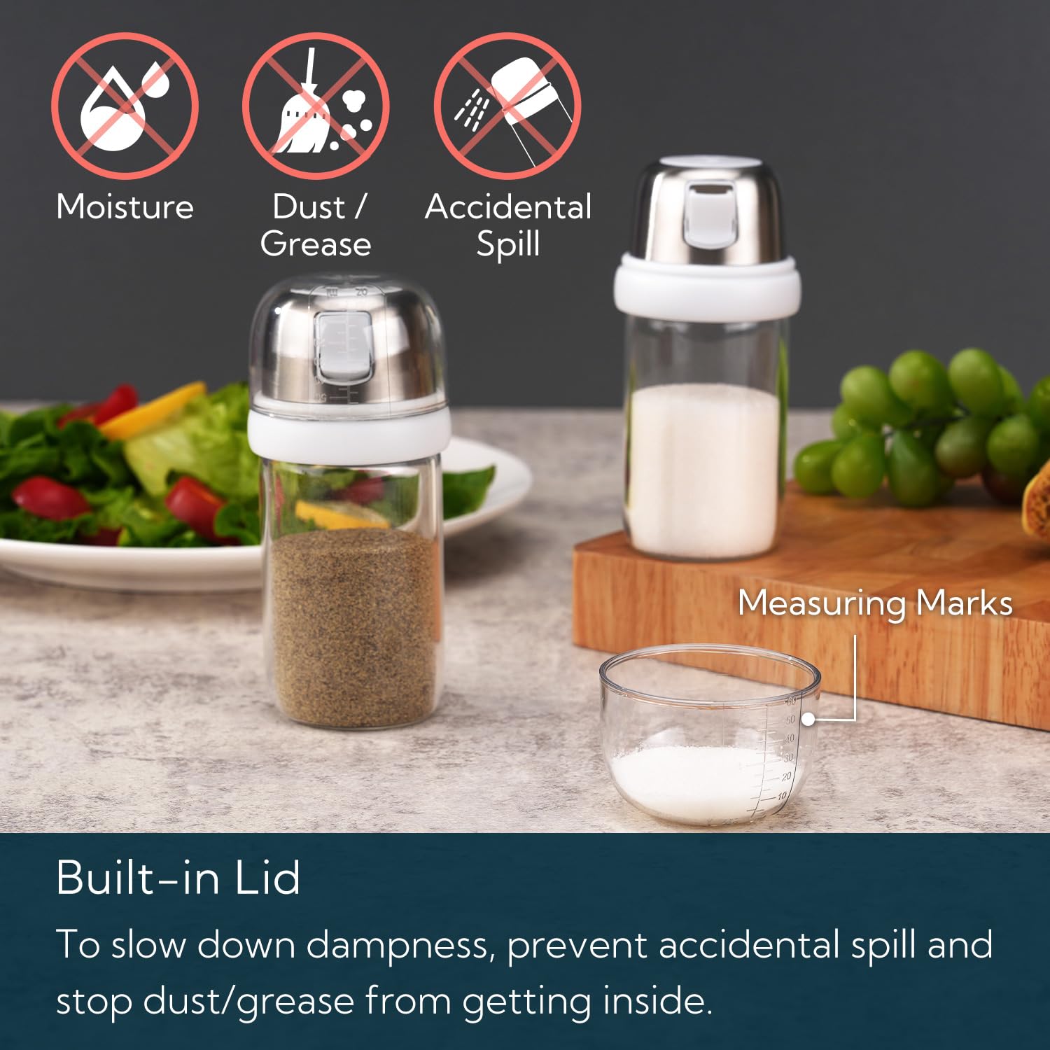 KTCHENDAO - Salero y pimienta de cristal 2 en 1 con boquilla lateral, tapa integrada para ralentizar la humedad con marcas de medición, elegante dispensador de sal de vidrio borosilicato para cocina,