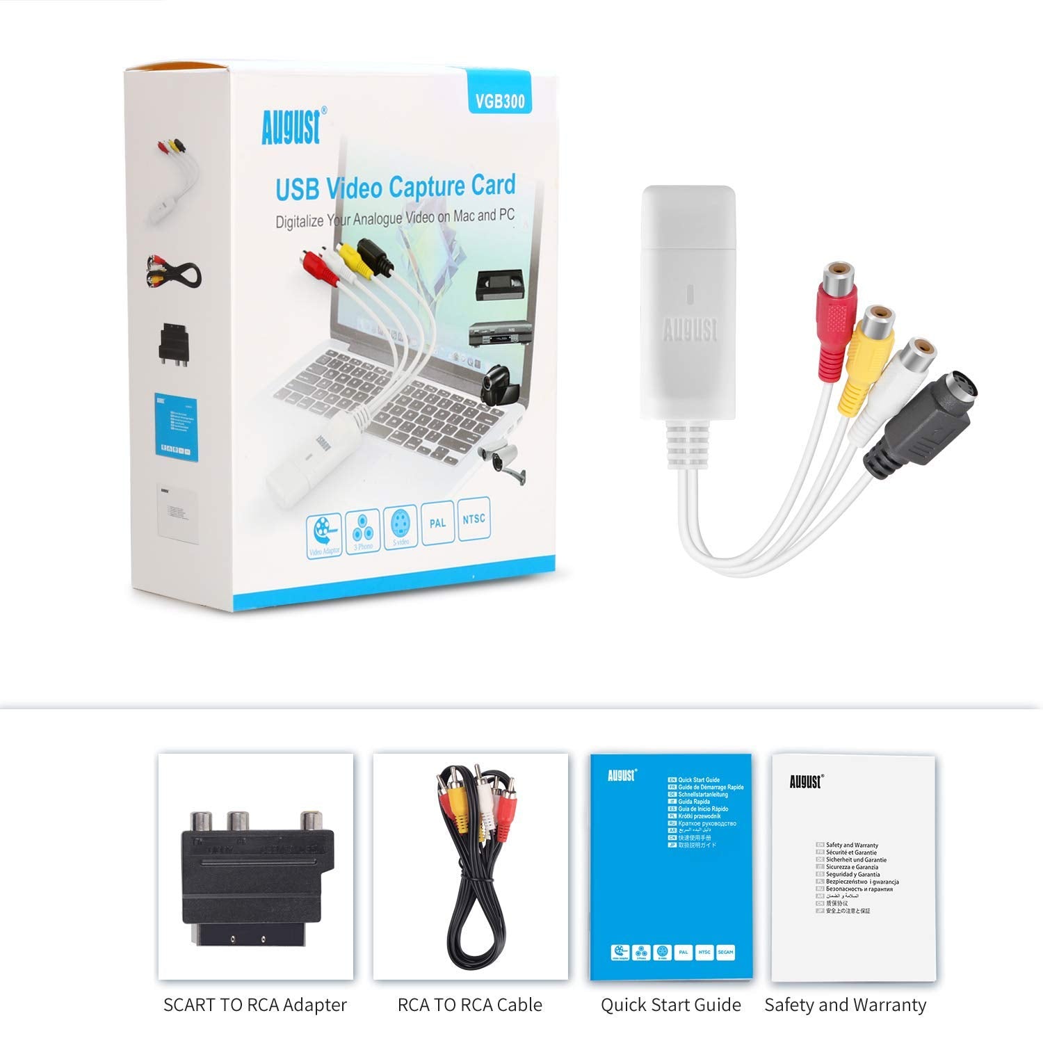 August Tarjeta de Captura de vídeo USB VGB300 - Transferencia VHS Hi8 de 8 mm a PC o Mac Compuesto en o S-Video para videocámaras y grabadora de vídeo VCR/Captura para Xbox 360 y PS3 Gameplay