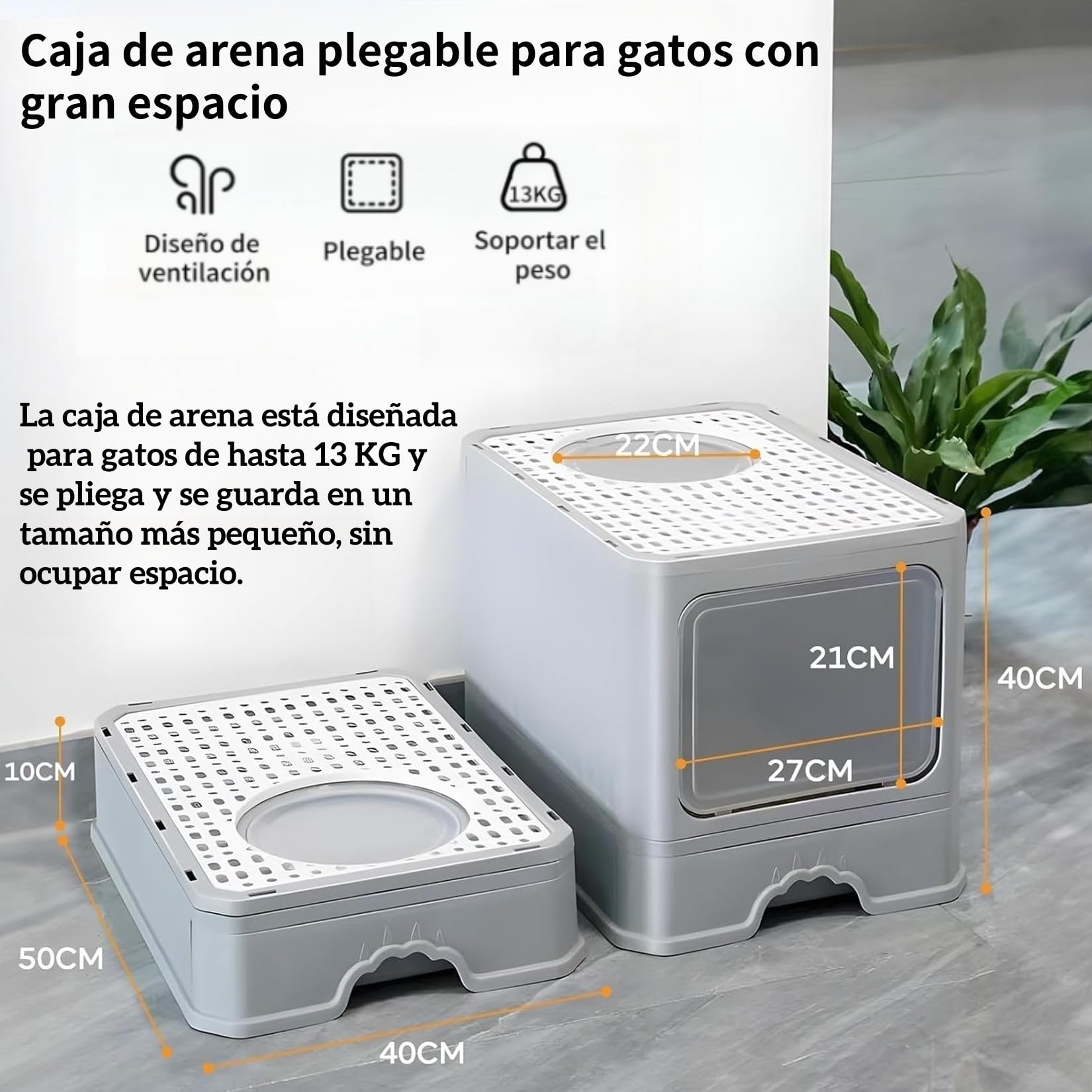 Arenero para Gato Cerrada: Removibles Plegable Arenero 50*40*40cm,Gran Caja de Arena para Gatos,Antiolor Prueba de Salpicaduras,Facil de Limpiar,con Puertas y Entradas Cubiertas Incluye Pala (Gris)