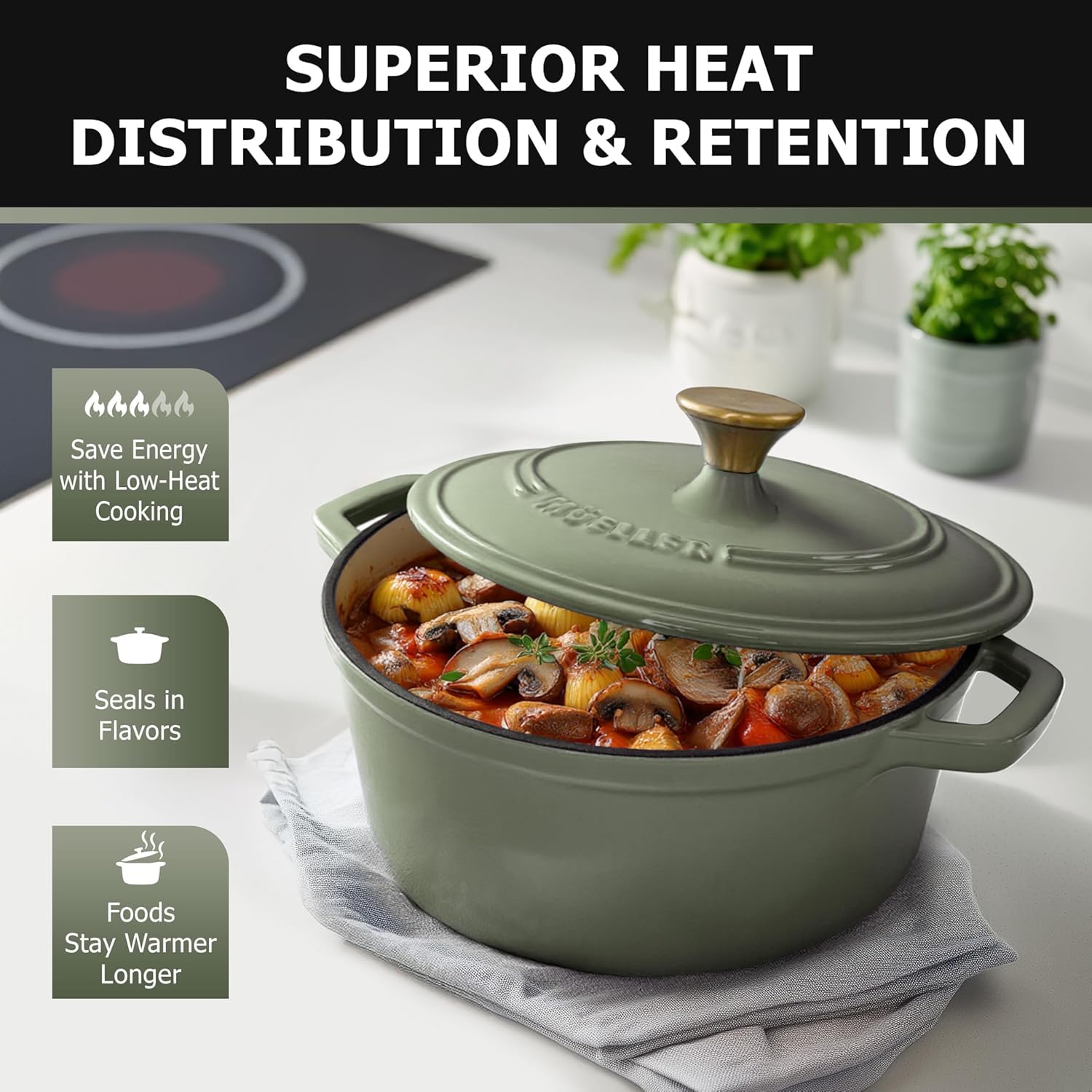MÜELLERHOME - Horno holandés de hierro fundido esmaltado de 4.5 cuartos para hornear pan de masa madre, resistente, apto para horno hasta 500 °F y en todas las estufas, cazuelas, accesorios de cocina