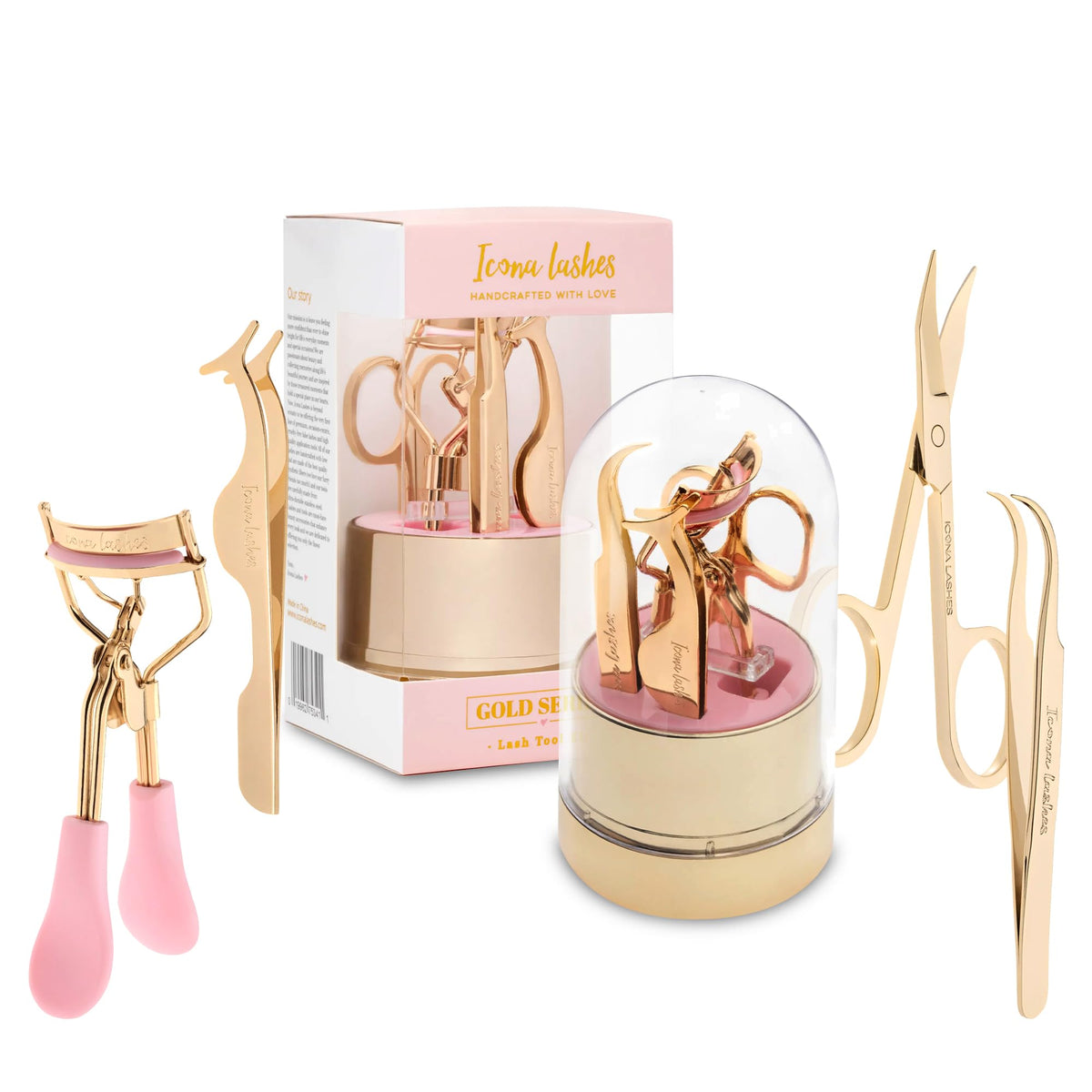 False Eyelash Tool Kit || Lash Applicator, Tweezers, Scissors & Lash Curler || 24k Gold Plated Surgical Grade Stainless Steel || 4 Tools, Beautifully Gift Boxed by Icona Lashes