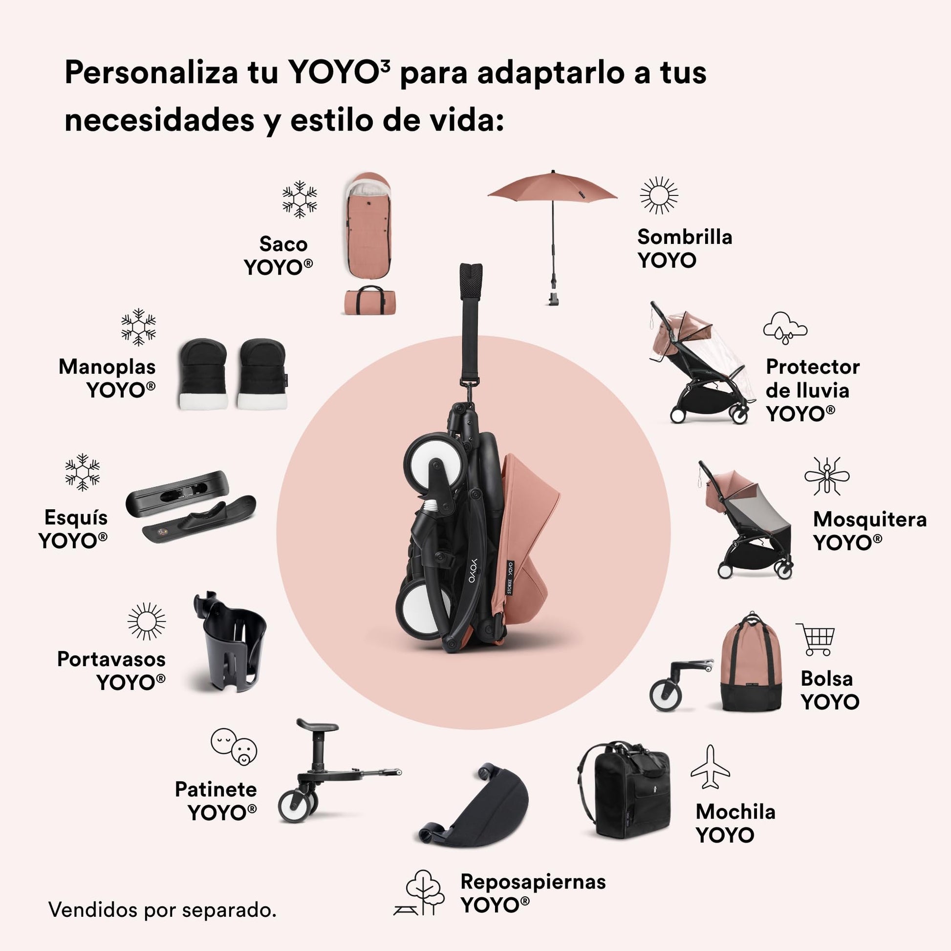 Carriola Stokke YOYO3 a partir de 6 meses - Incluye chasis blanco/cojín de asiento Ginger + dosel - Se pliega y despliega en un instante - Ligera y compacta - Compatible con equipaje de mano
