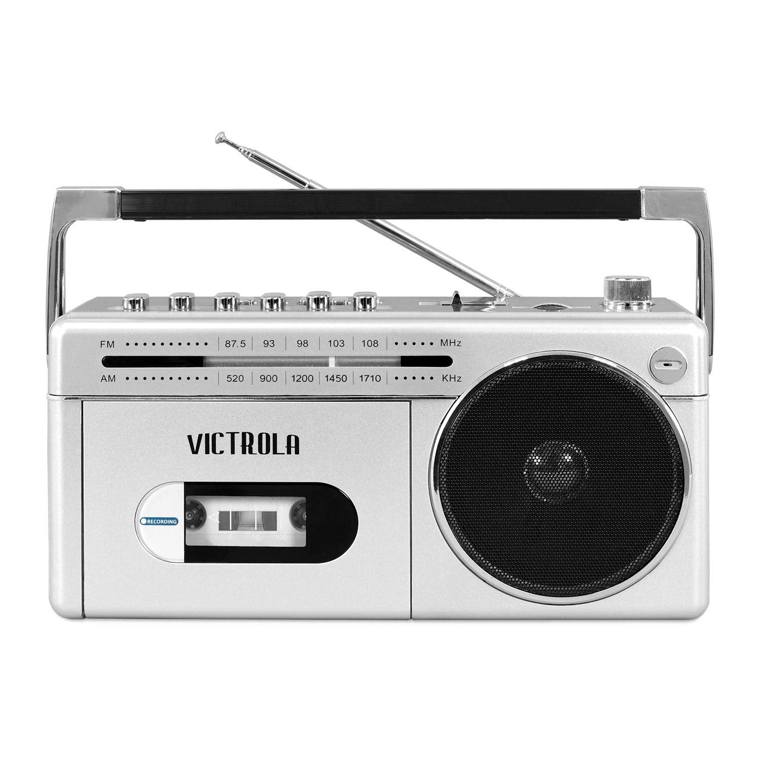 Boombox Bluetooth Victrola Plateado Mini con Radio AM/FM y Reproductor de Cassettes