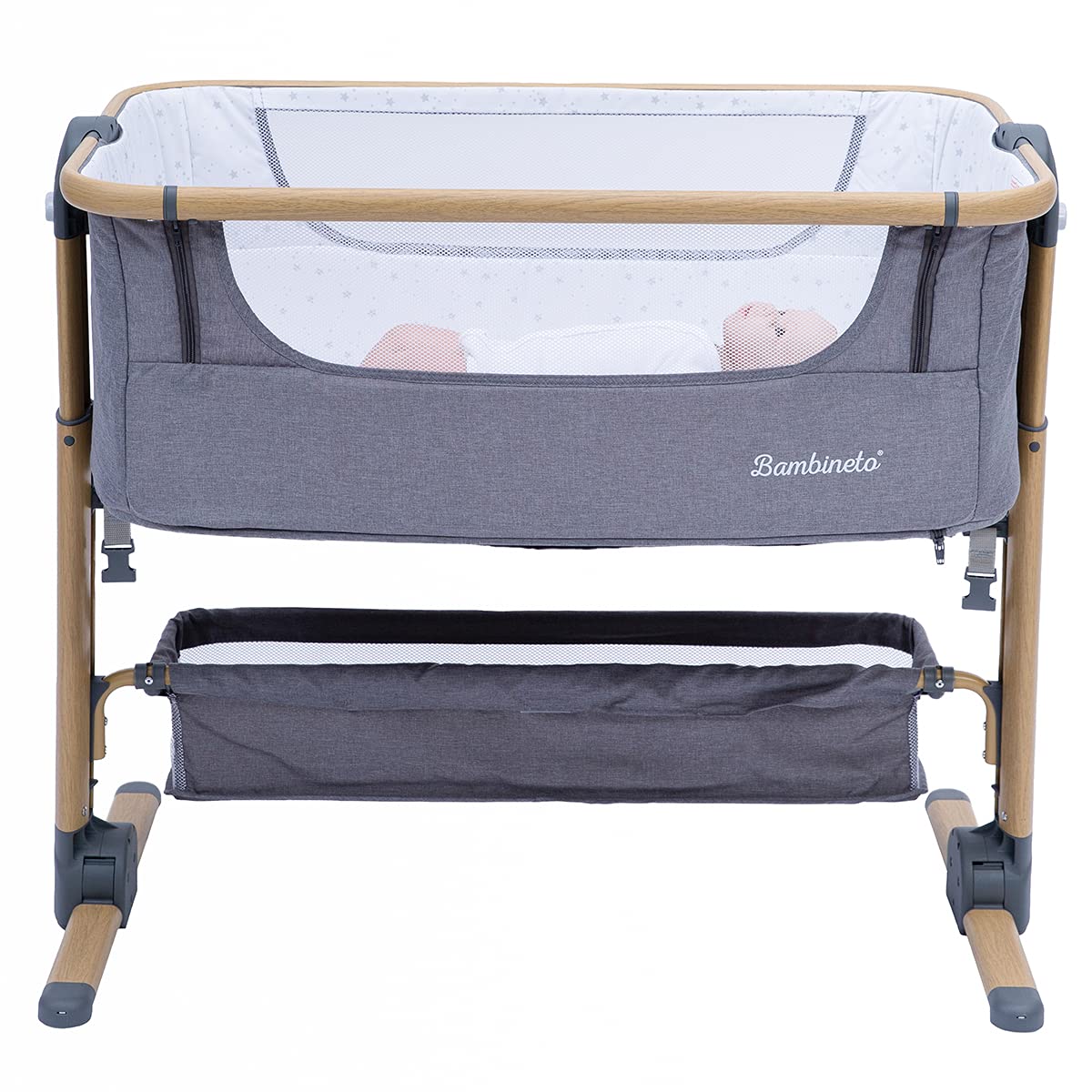 BAMBINETO Cuna Colecho Moisés para bebé Rame, mosquitero, colchón, Plegable, Maleta de Viaje. Gris