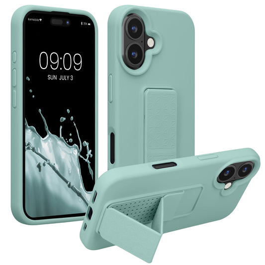 Carcasa Apple iPhone 16 kwmobile Menta con Soporte y Agarre para Dedo