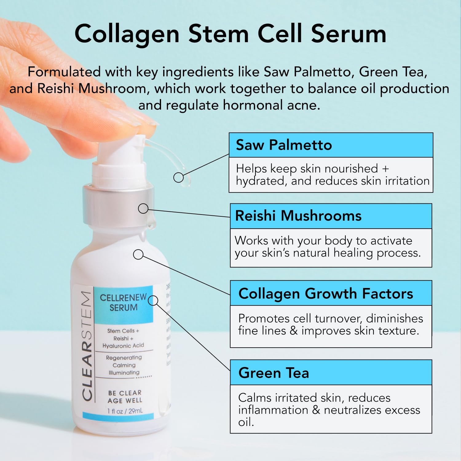 CLEARstem Anti-Aging Peptide & DNA Repair Serum - Collagen Stem Cell - Organic Topical Facial Serum with Hyaluronic Acid - Hydration Moisturizer - Scar Removal & Acne-Safe - Made in the USA - 1 fl oz.