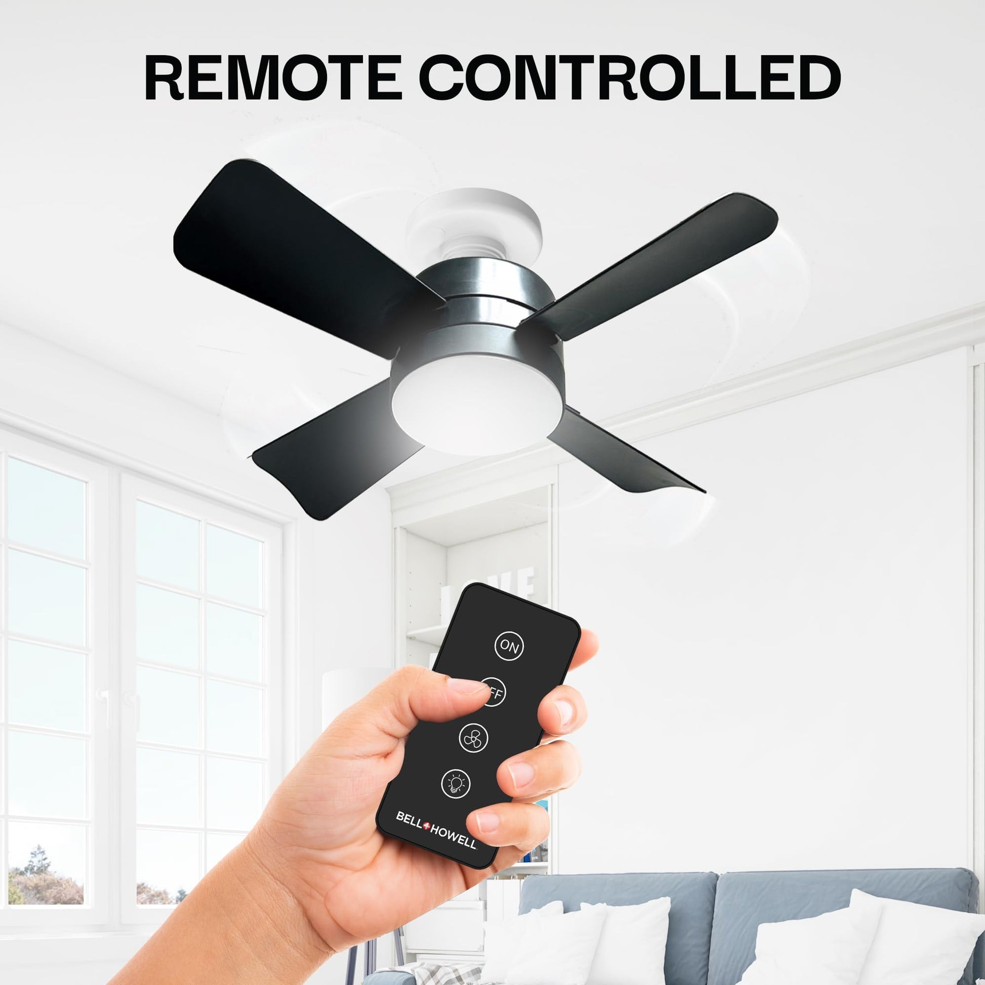 Bell + Howell - Ventilador de techo con socket, con luces led y control remoto, repuesto de foco, para dormitorio, cocina, sala, 1000 lúmenes, 5000 Kelvins, negro