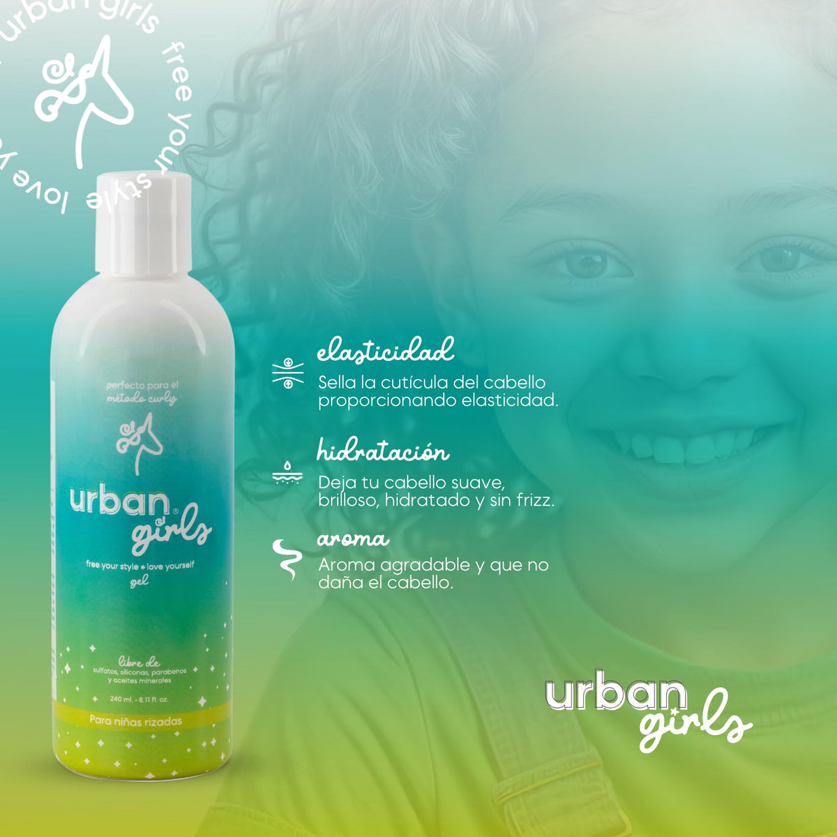 URBAN GIRLS Gel para Cabello Rizado de Niñas 240 ml – Con Aceite de Coco e Ingredientes Naturales – Sin Sulfatos, Parabenos ni Siliconas – Define Rizos Suaves, Controla el Frizz y Cuida el Cabello Infantil