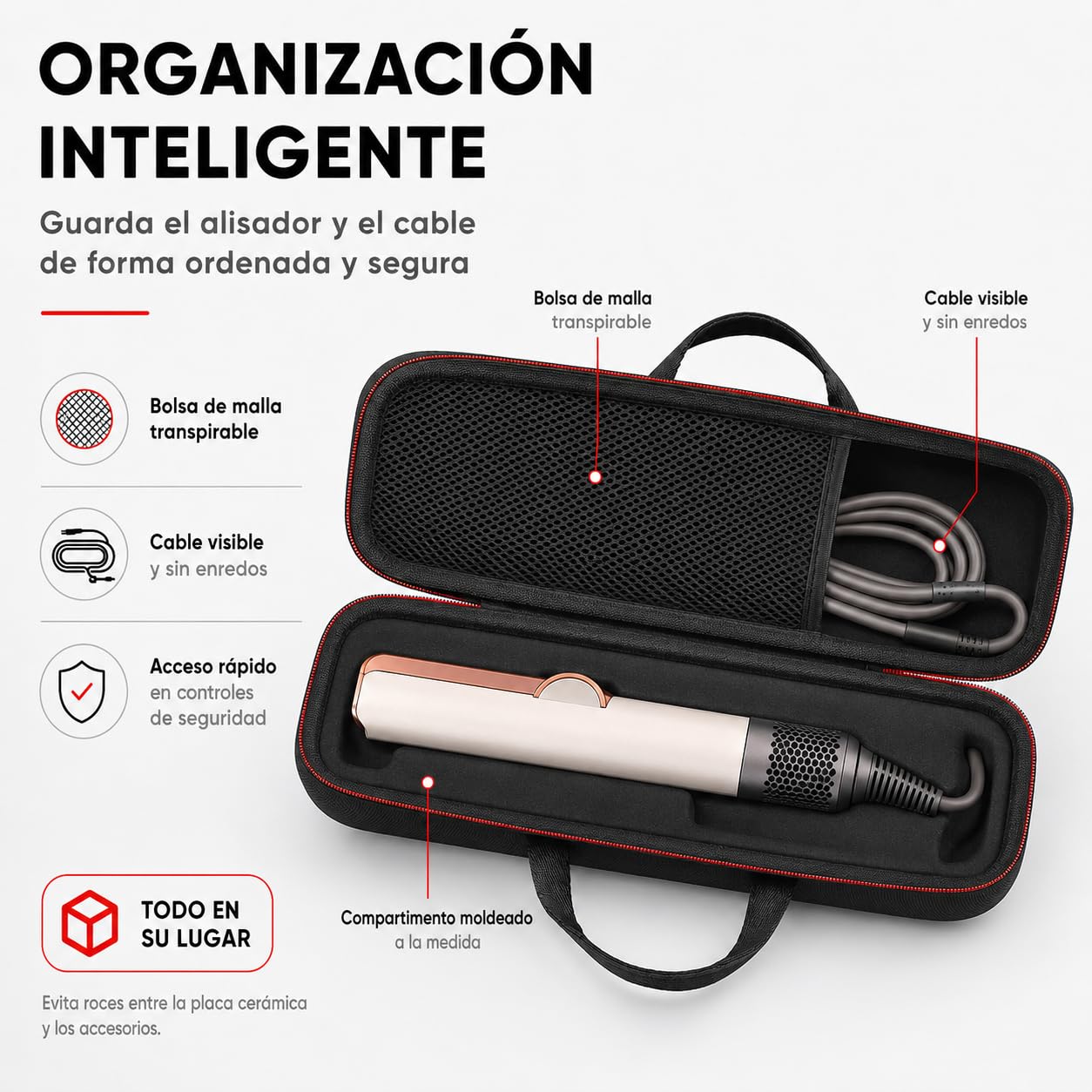 TYEGDAVD Estuche de Viaje Rígido para Dyson Airstrait | Ultradelgado 14cm Cumple con Equipaje de Mano, Protección 3 en 1 Anticaídas Impermeable + Bolsa de Malla para Cable de Carga