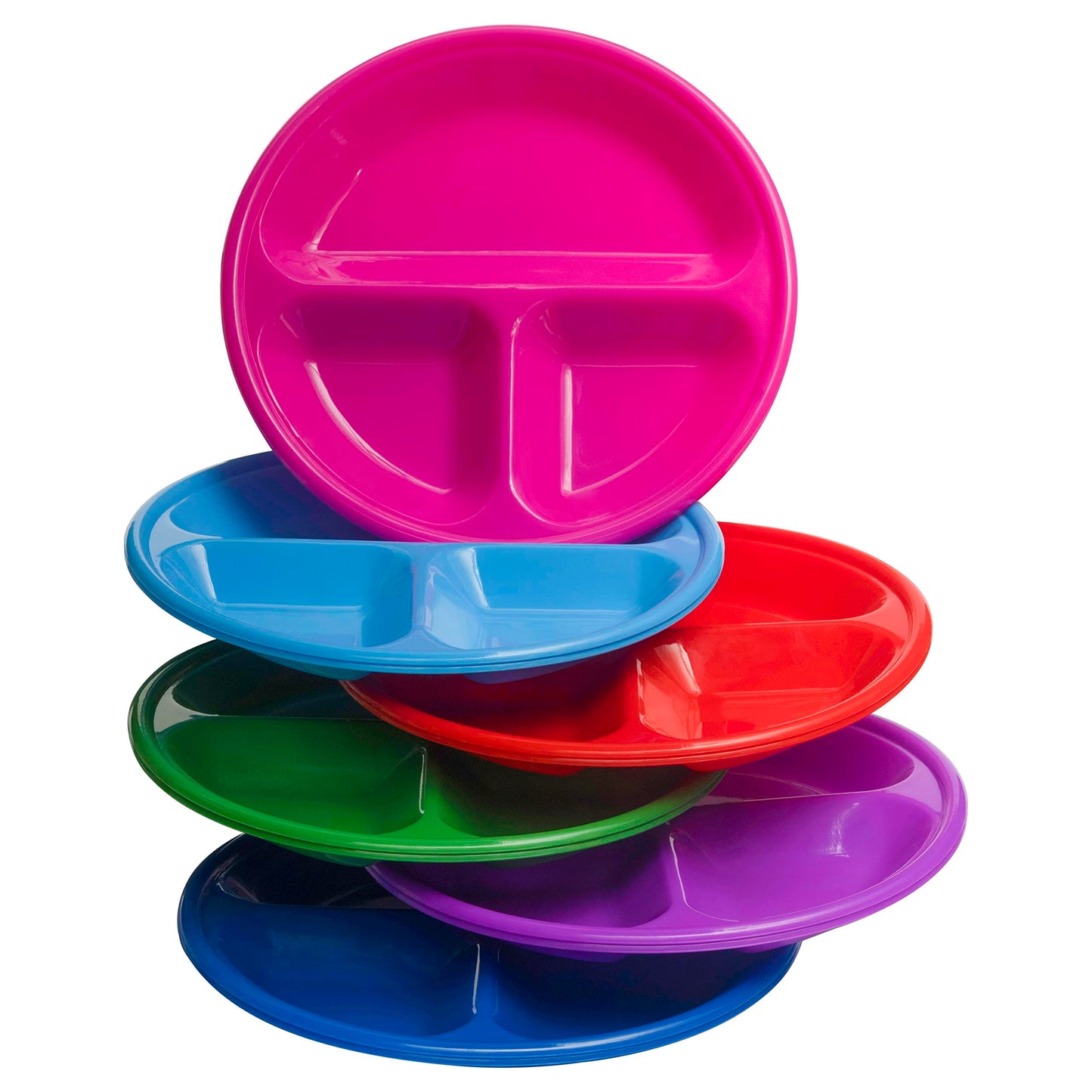 Klickpick Home - Juego de 12 platos divididos con 3 compartimentos para niños, bandejas de plástico para comer con 6 colores brillantes, 2 de cada color, aptos para lavaplatos y microondas, sin BPA