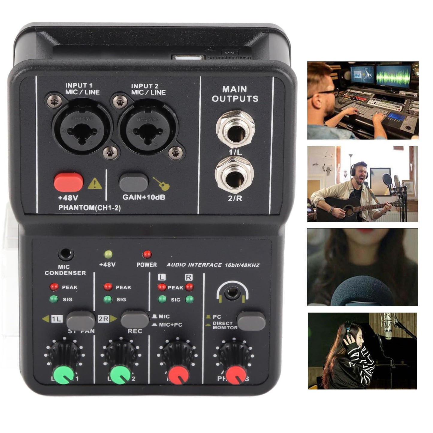 Chazcool Mezclador de Audio de 2 Canales, Consola de Mezcla de Sonido Compacta, Tarjeta de Sonido Usb, Phantom Power 48V, Control de Volumen Independiente, para Grabación de PC Música, Karaoke en Casa