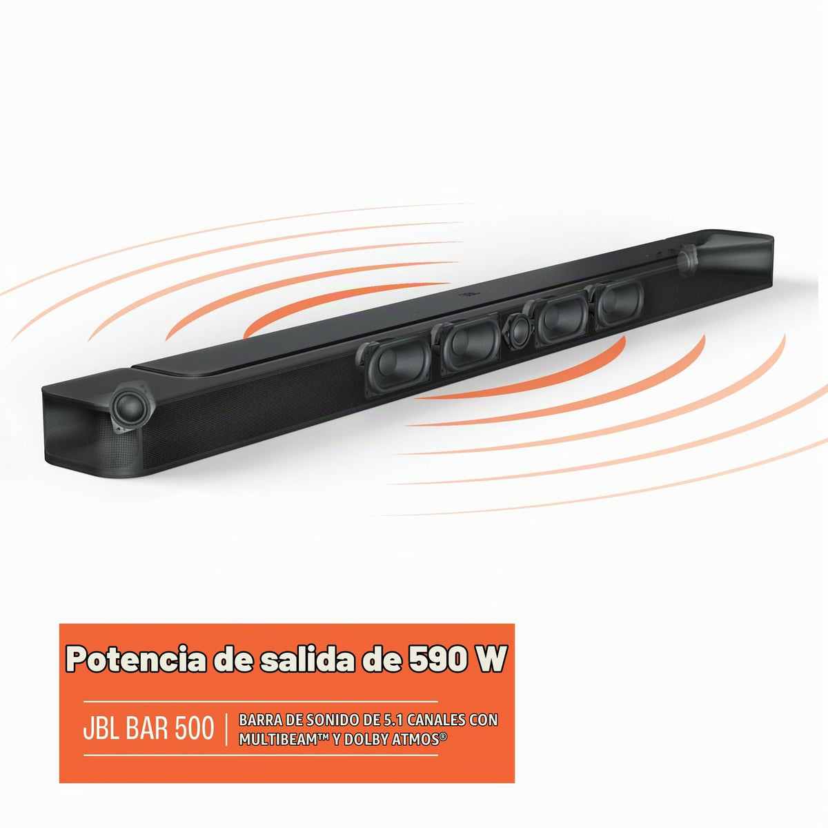 Barra de Sonido JBL Bar 500 Negro con Subwoofer 5.1 Surround Wi-Fi Bluetooth Dolby Atmos 590W HDMI ARC Multibeam