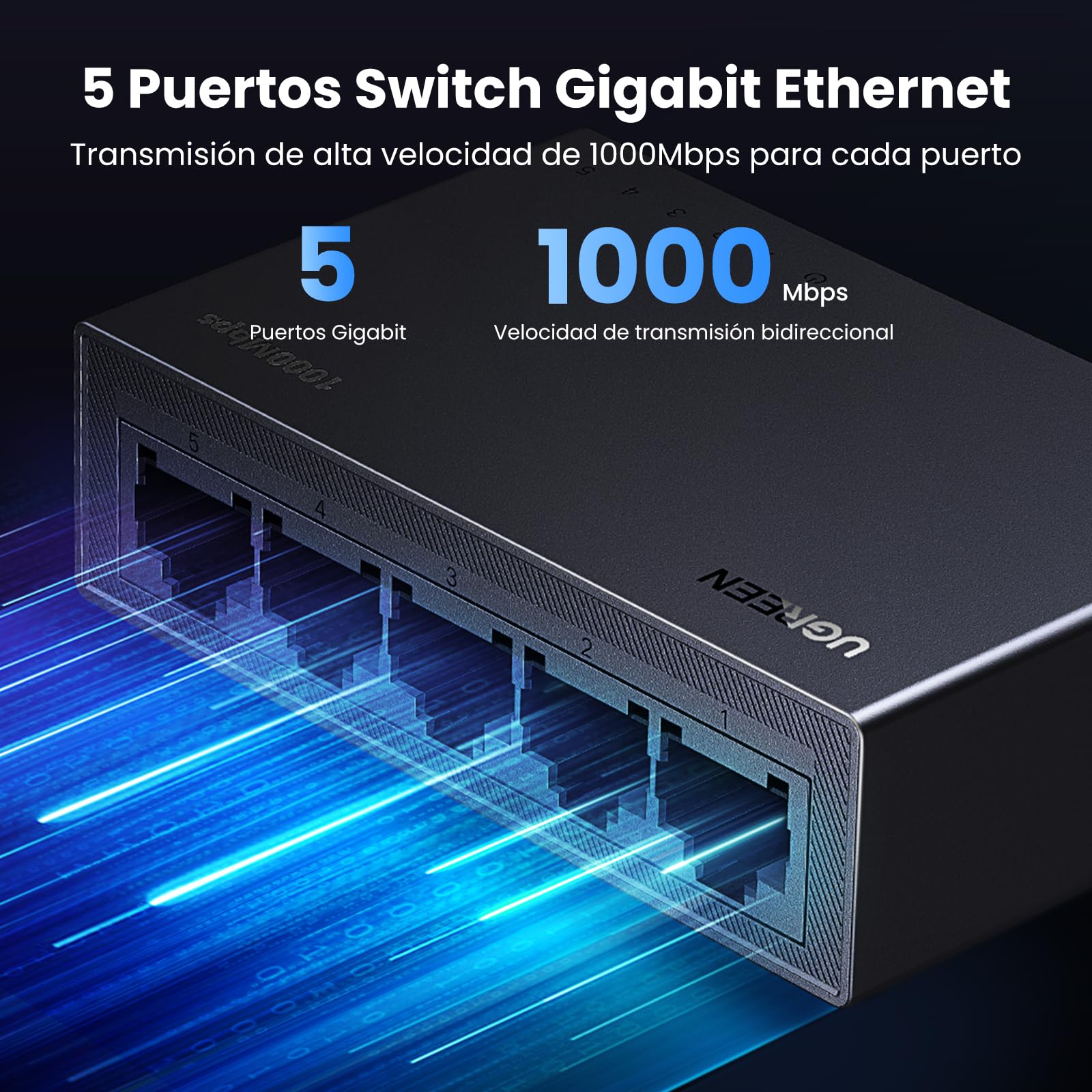 UGREEN Conmutador Ethernet , Divisor Ethernet Gigabit de Alta Velocidad de 5 Puertos, Divisor de Internet para Escritorio y Montaje en Pared, Conmutador LAN Plug & Play para TV/Laptop