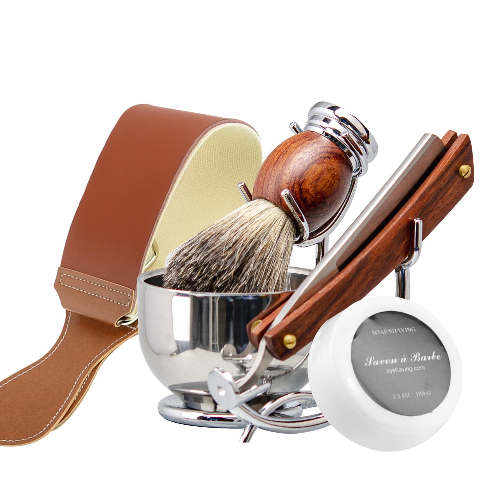 Grandslam - Kit de afeitar recto para afeitar, de acero con punta de piel, cepillo para polvo de afeitar, tazón y soporte de acero inoxidable, jabón de afeitar, regalo para hombres