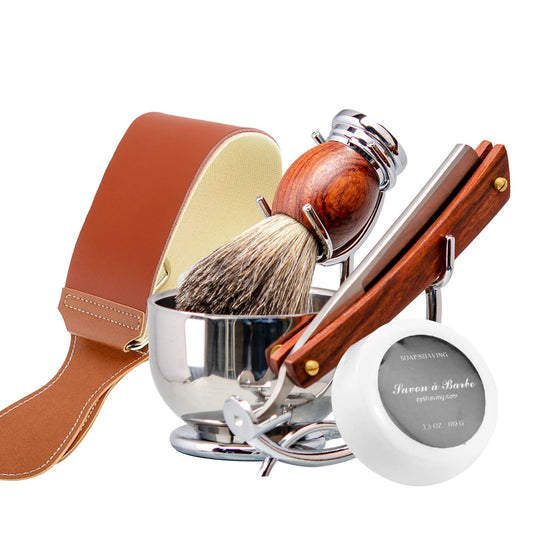 Grandslam - Kit de afeitar recto para afeitar, de acero con punta de piel, cepillo para polvo de afeitar, tazón y soporte de acero inoxidable, jabón de afeitar, regalo para hombres