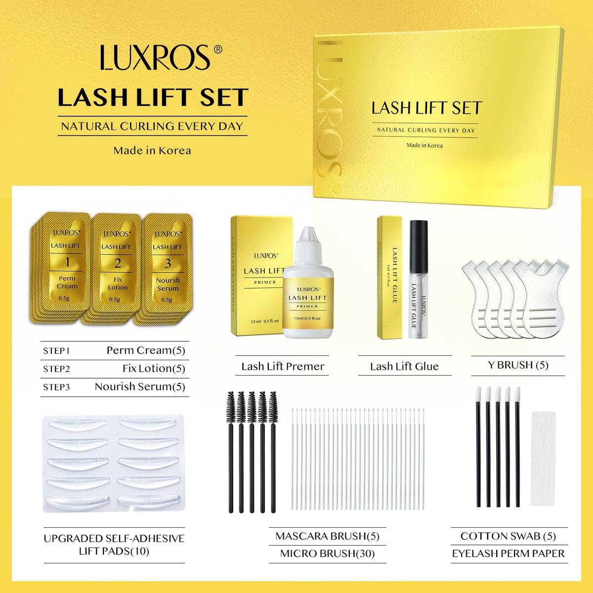 LUXROS- Kit de permanente de pestañas sin esfuerzo para rizos deslumbrantes: mejore sus pestañas con nuestro kit de permanente de pestañas fácil de usar, fabricado con orgullo en Corea. Diseñado con u