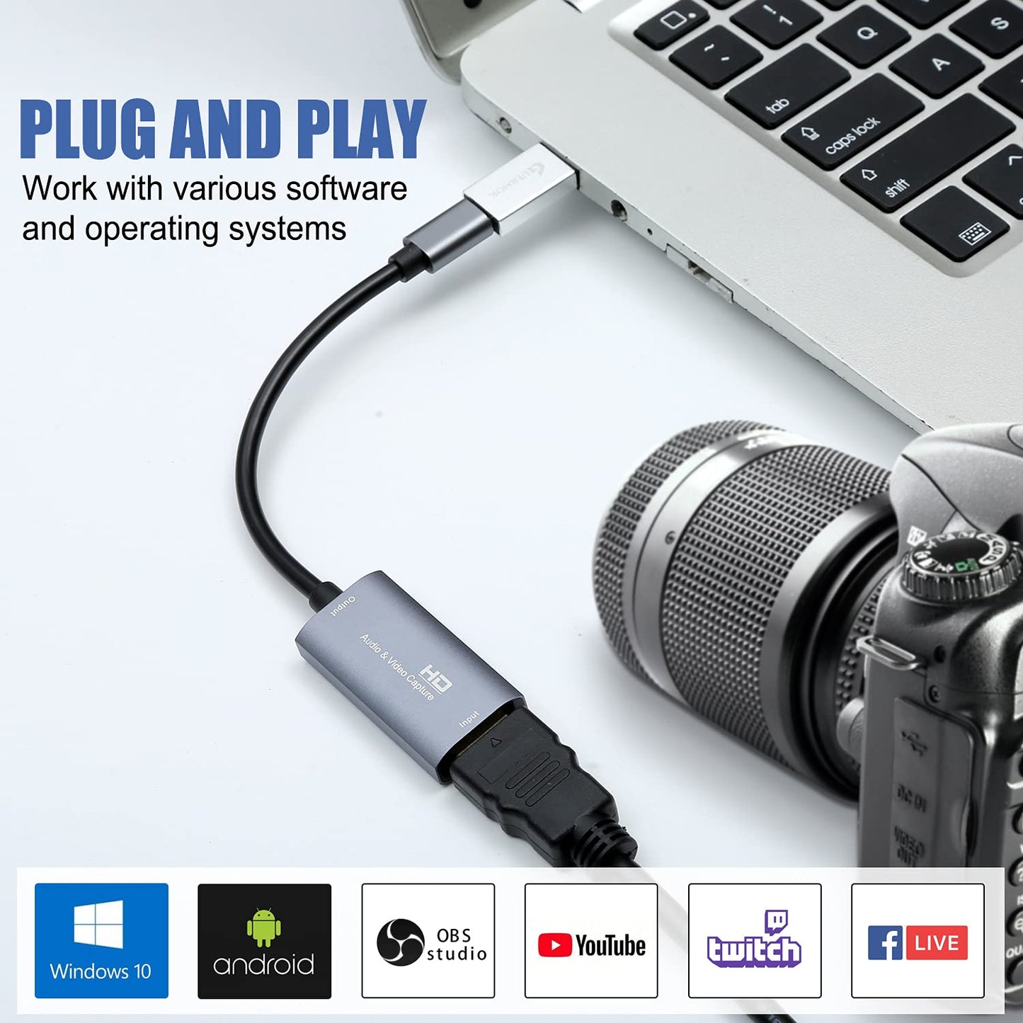Guermok USB3.0 HDMI a USB C Tarjeta de Captura 4K 1080P 60FPS, Plata, para Juegos en Vivo, Windows, Sistema Mac OS