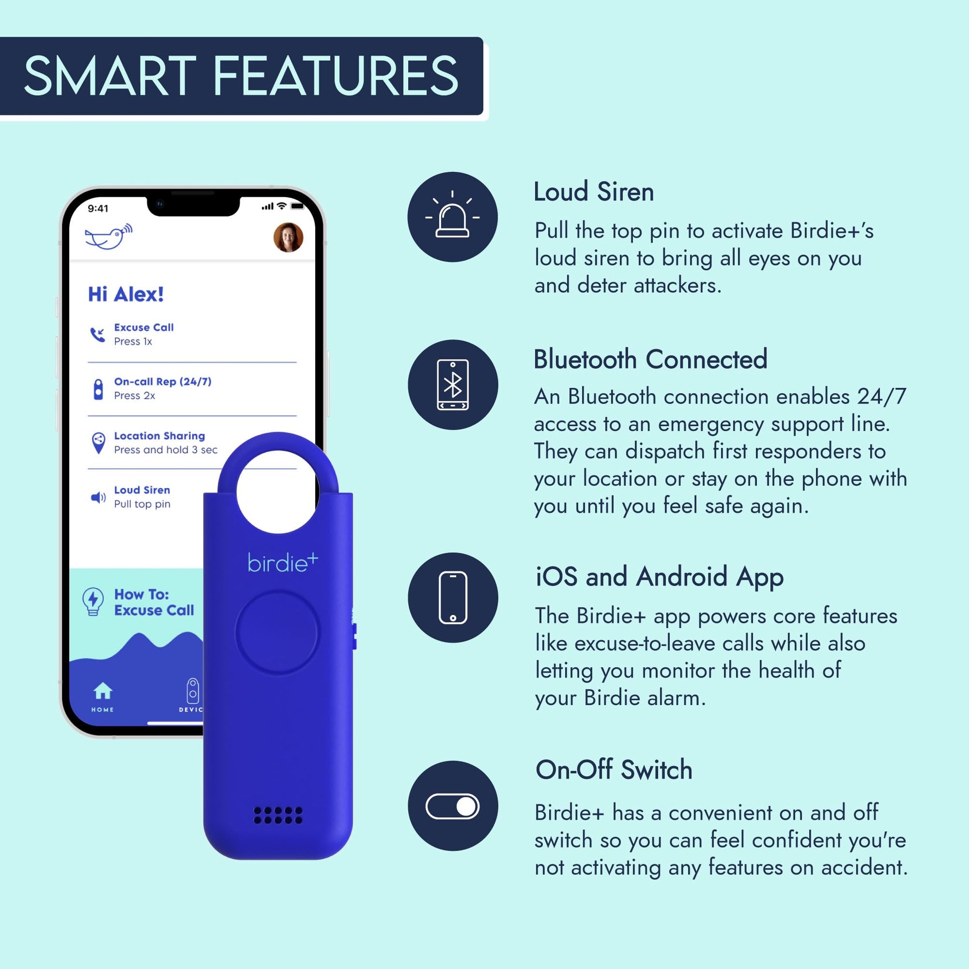 Alarma de Seguridad Personal Birdie Birdie+ Blanca con Sirena Fuerte y Conexión Bluetooth para Mujer