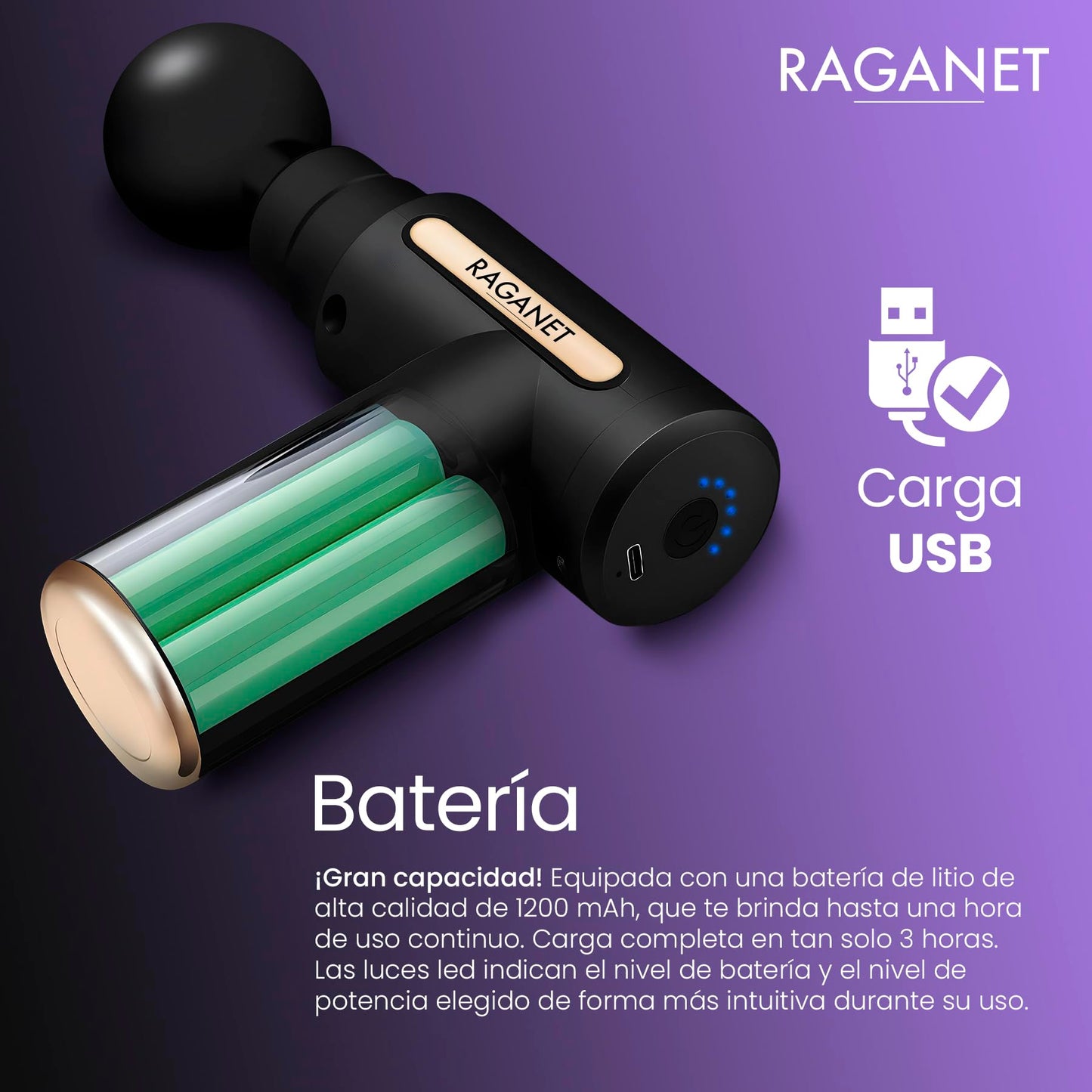 Raganet, Pistola Masajeadora con 4 Cabezas, Maquina Masajeadora de 6 Velocidades, Masaje Profesional Para Musculos, Ligamentos y Tejidos, Pistola Portatil, Carga USB (Color Negro)