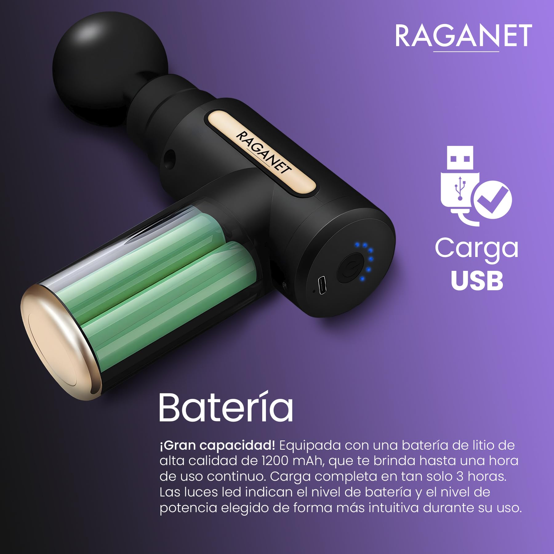 Raganet, Pistola Masajeadora con 4 Cabezas, Maquina Masajeadora de 6 Velocidades, Masaje Profesional Para Musculos, Ligamentos y Tejidos, Pistola Portatil, Carga USB (Color Negro)