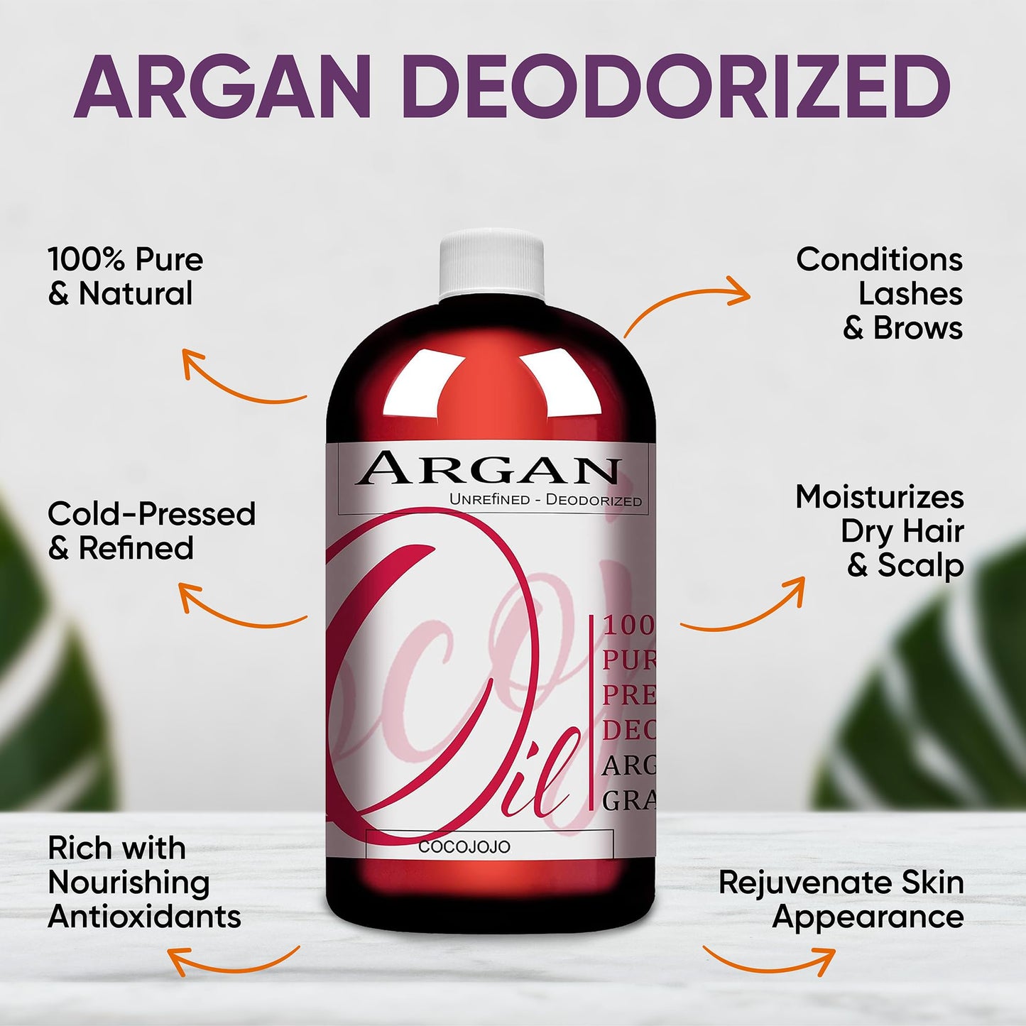 cocojojo 100% Pure Argan Oil Deodorized Refined Cold Pressed, 32 Fluid Ounce