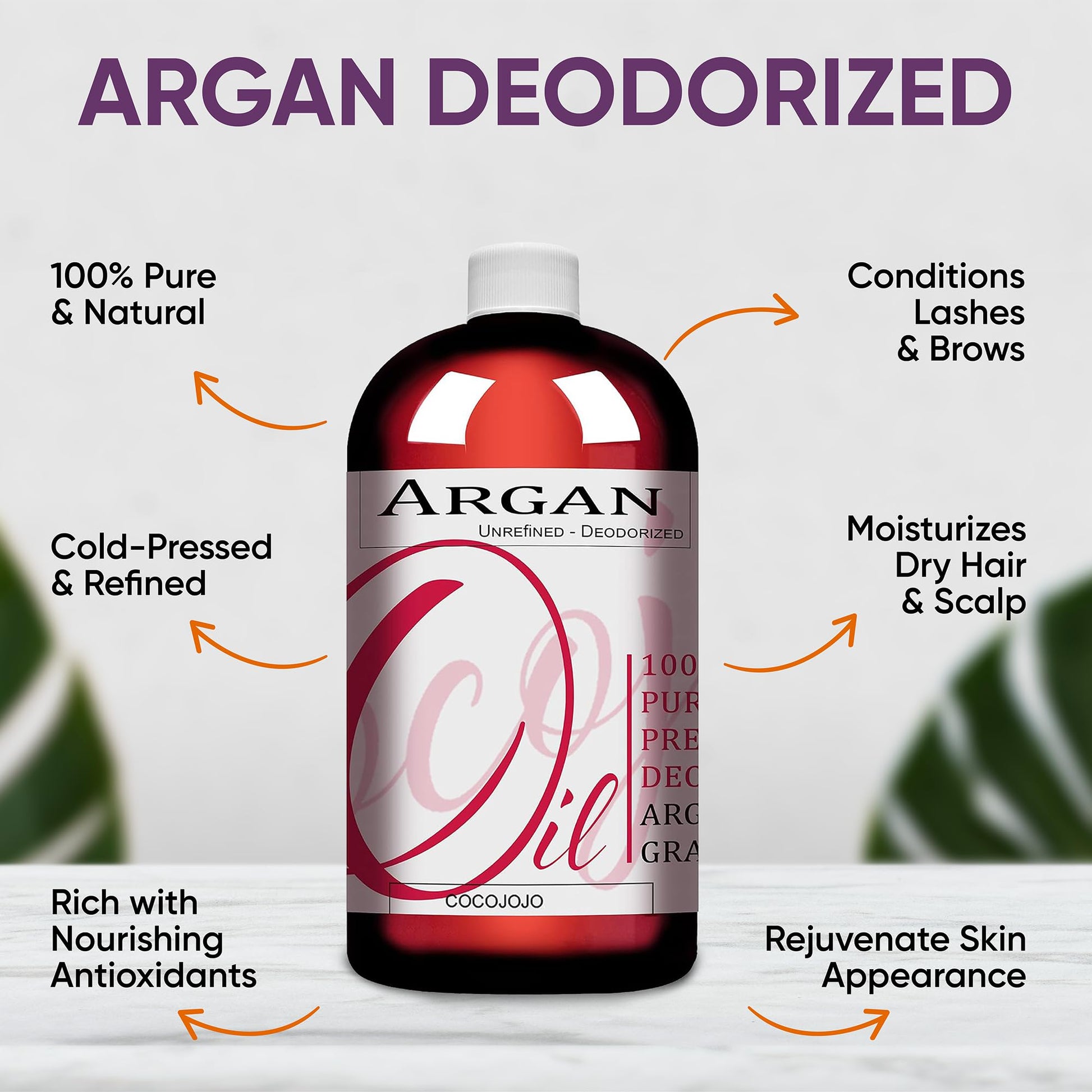 cocojojo 100% Pure Argan Oil Deodorized Refined Cold Pressed, 32 Fluid Ounce