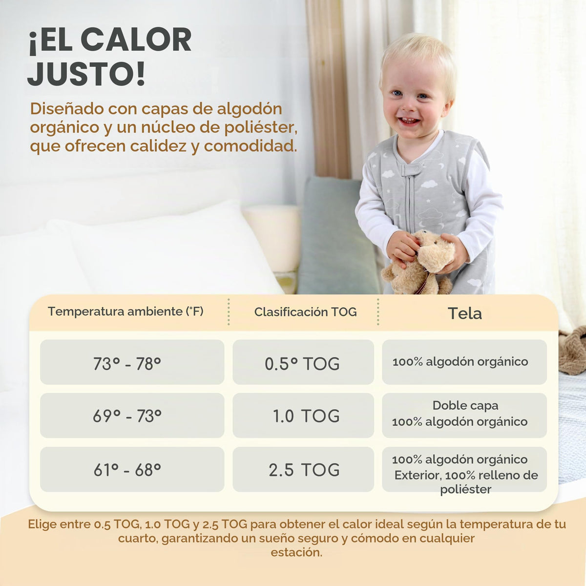 Saco de dormir para bebé de algodón orgánico con perneras, 2,5 tog, para niñas y niños, 6-18 meses