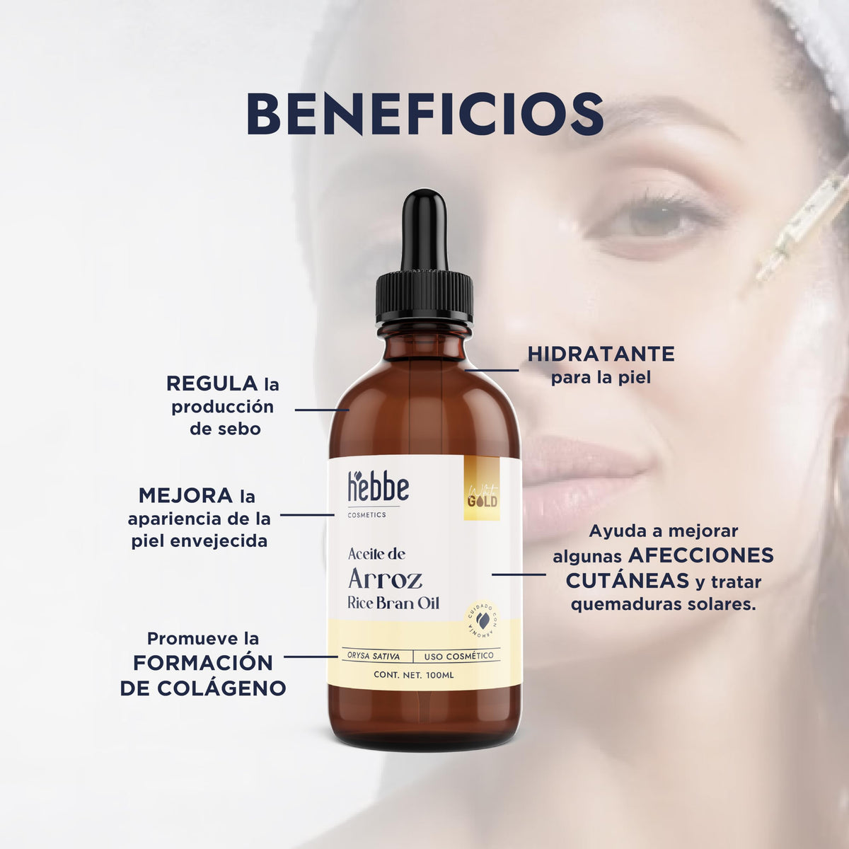 HEBBE - Aceite de Arroz 100 ml | Regula la Producción de Sebo | Hidratante para la Piel | Mejora la Apariencia de la Piel Envejecida | Trata Quemaduras Solares | Promueve la Formación de Colágeno | Contenido 100 ml