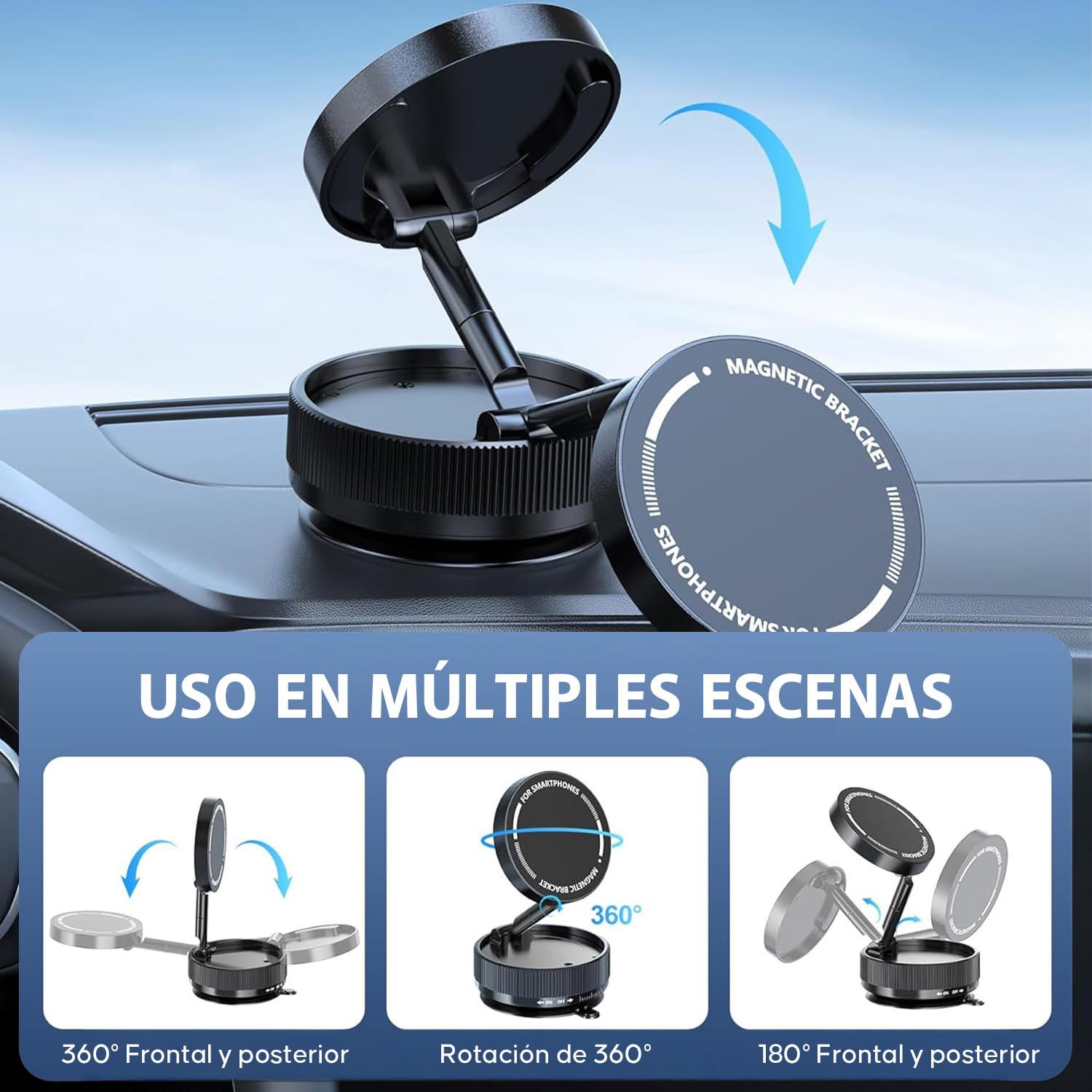 Garselay Vacuum Magnetic Phone Holder, Soporte de Teléfono para Coche, 360° Rotating Magnetic Porta Celular, Plegable y Retráctil Doble Cara Magnética para Coche, Casa, Oficina y Gimnasio (Negro)