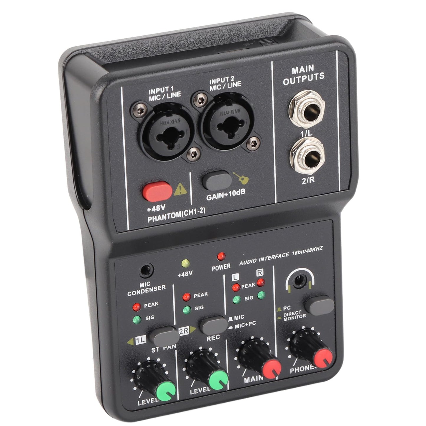 Chazcool Mezclador de Audio de 2 Canales, Consola de Mezcla de Sonido Compacta, Tarjeta de Sonido Usb, Phantom Power 48V, Control de Volumen Independiente, para Grabación de PC Música, Karaoke en Casa