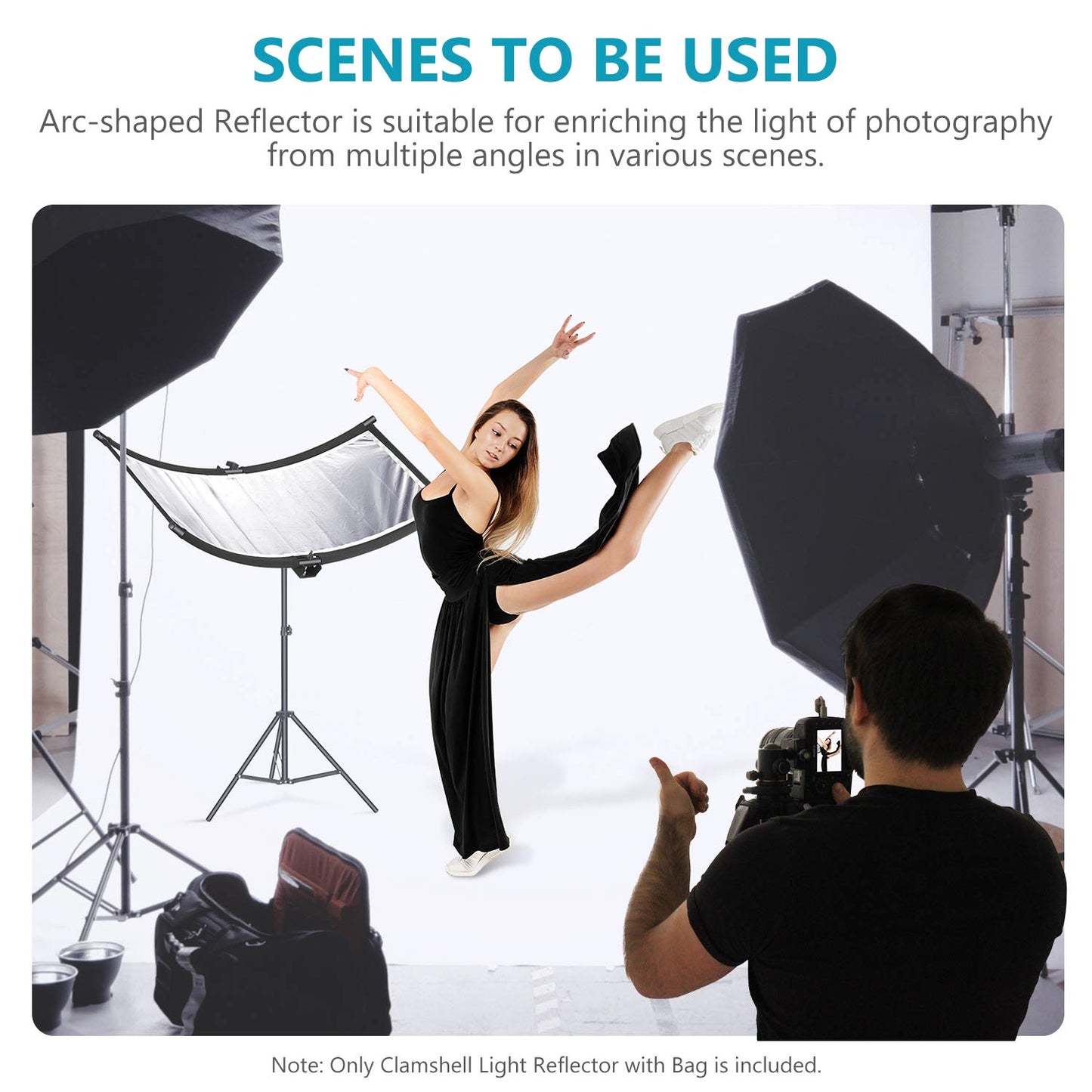 NEEWER Clamshell Difusor Reflector de Luz con Bolsa de Transporte,39”×18”/100x45cm Reflector de Iluminación Curvo para Estudio de Video y Fotografía, Negro/Blanco/Dorado/Plateado (Soporte no Incluido)