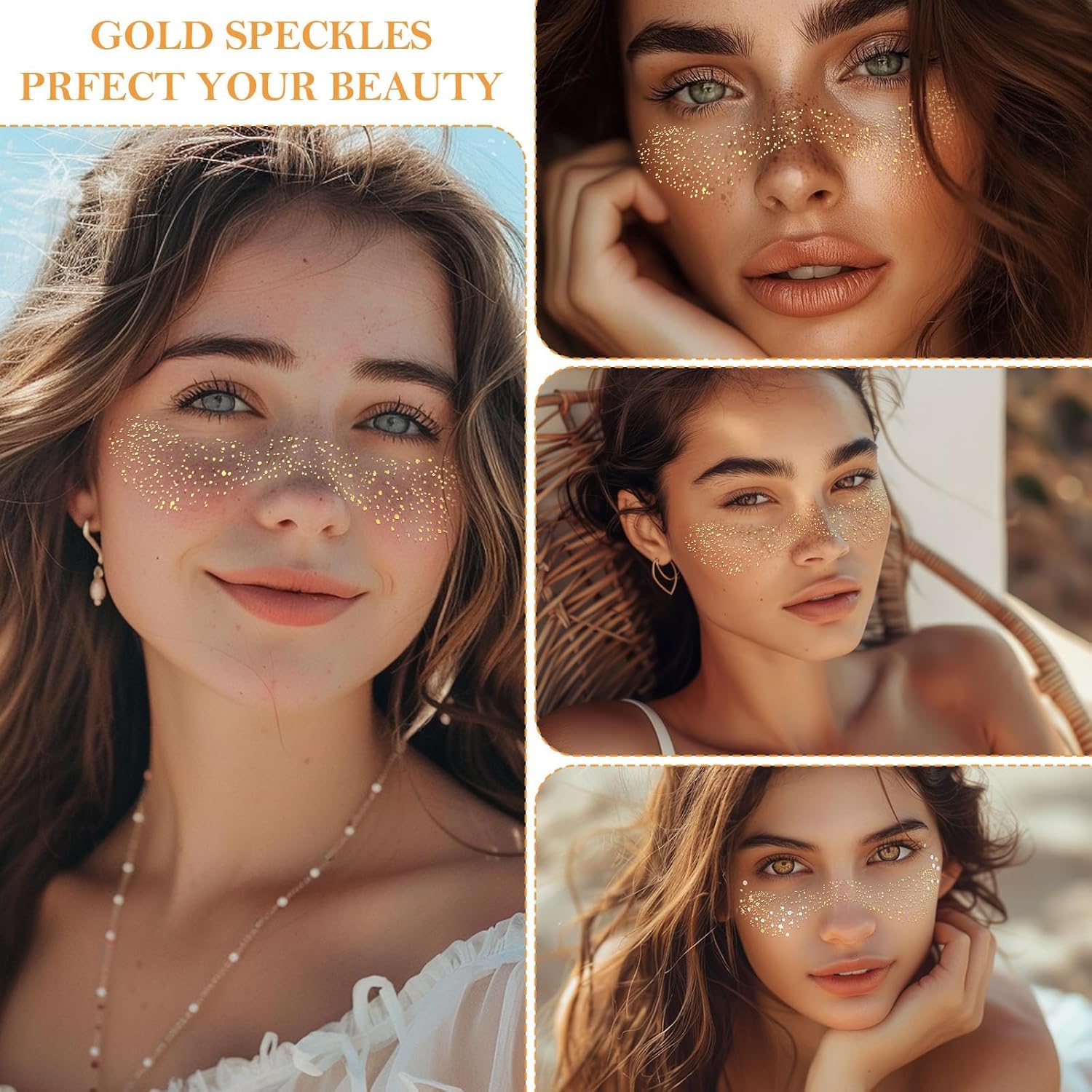 Glitter Pecas Cara Tatuaje, Tatuajes Temporales Pecas de Glitter para la Cara, 6pcs Gold Sparkle Pecas, Cara Glitter Parches de Maquillaje