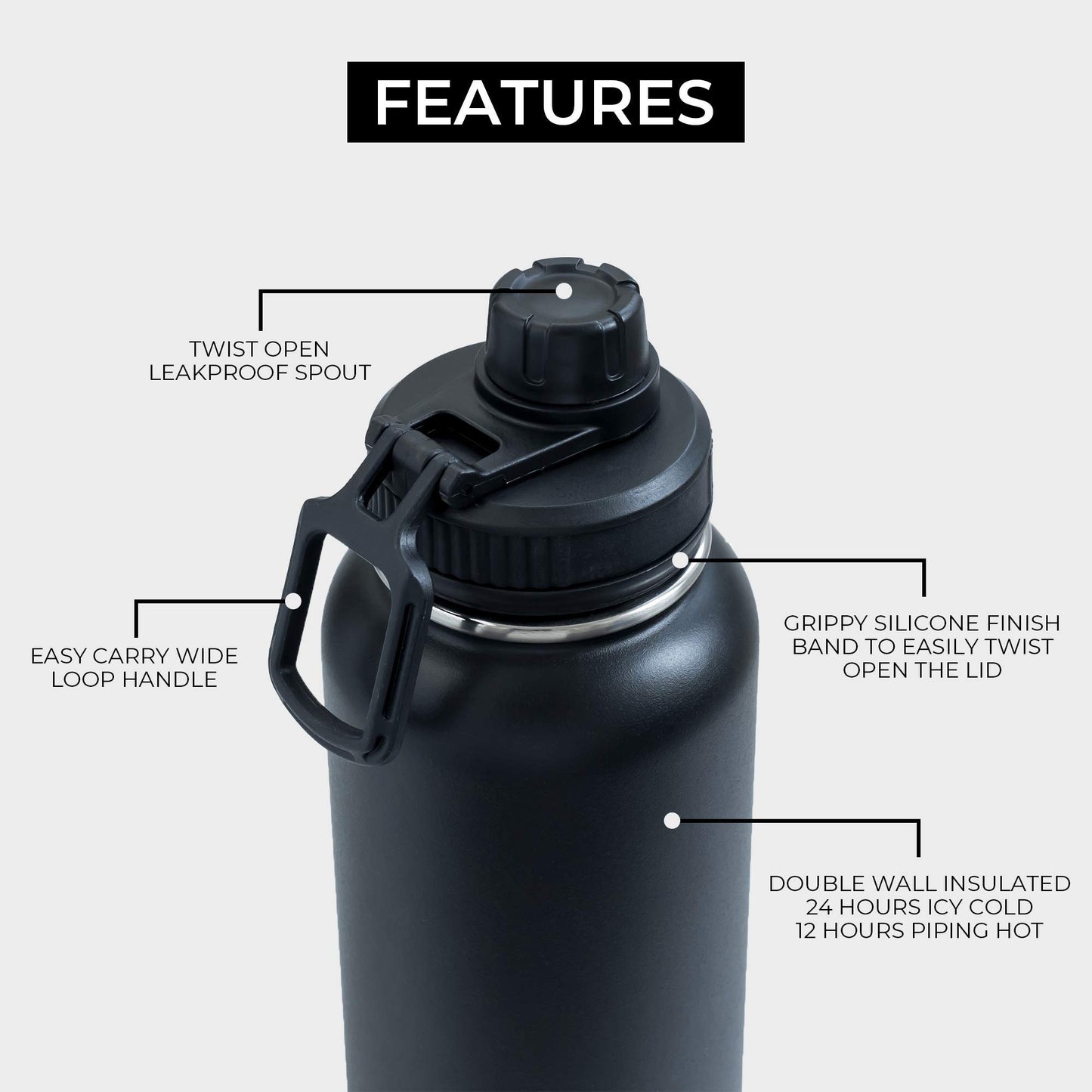 BOZ Botella de agua de acero inoxidable, termo de acero inoxidable 1 litro XL (1 L / 34 oz) boca ancha, sin BPA, aislamiento de doble pared al vacío (Azul/Negro)