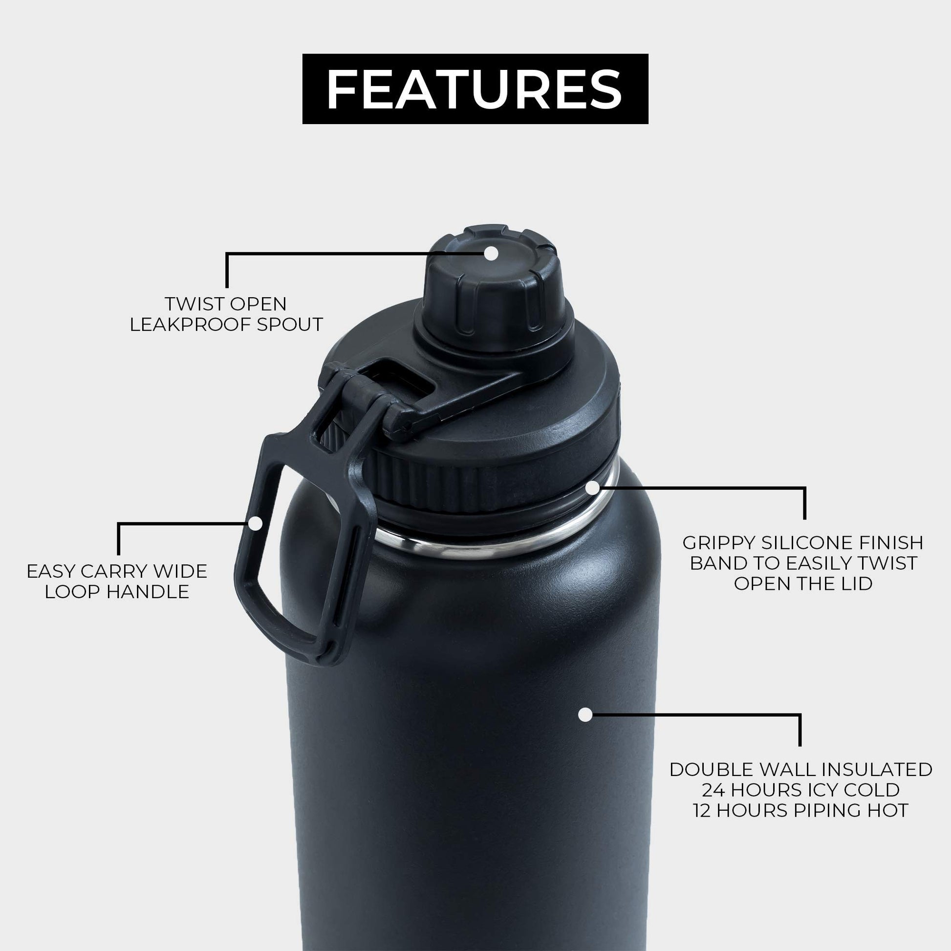 BOZ Botella de agua de acero inoxidable, termo de acero inoxidable 1 litro XL (1 L / 34 oz) boca ancha, sin BPA, aislamiento de doble pared al vacío (Azul/Negro)