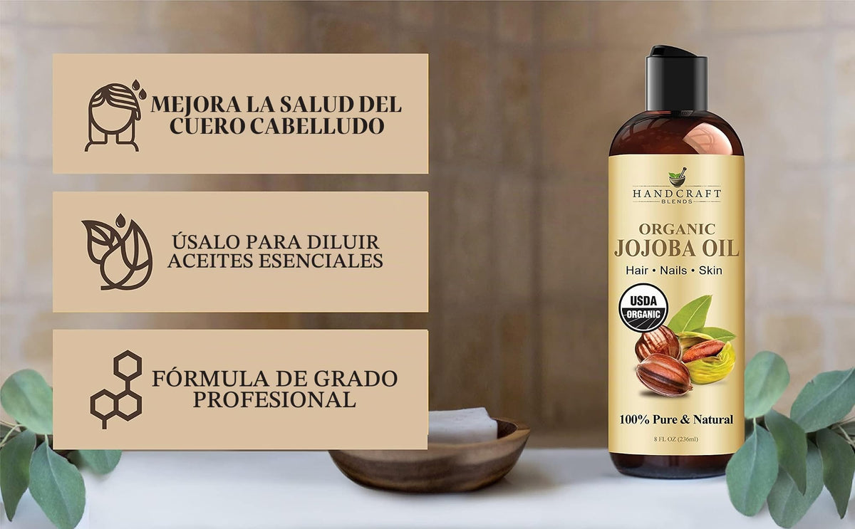 Handcraft Blends Usda Aceite de Jojoba Orgánico - 8 FlOz - Puro y Natural - Aceite de Grado Premium para Rostro, Cuerpo y Cabello - Aceite Antienvejecimiento - Prensado En Frío y Sin Hexanos - El Empa