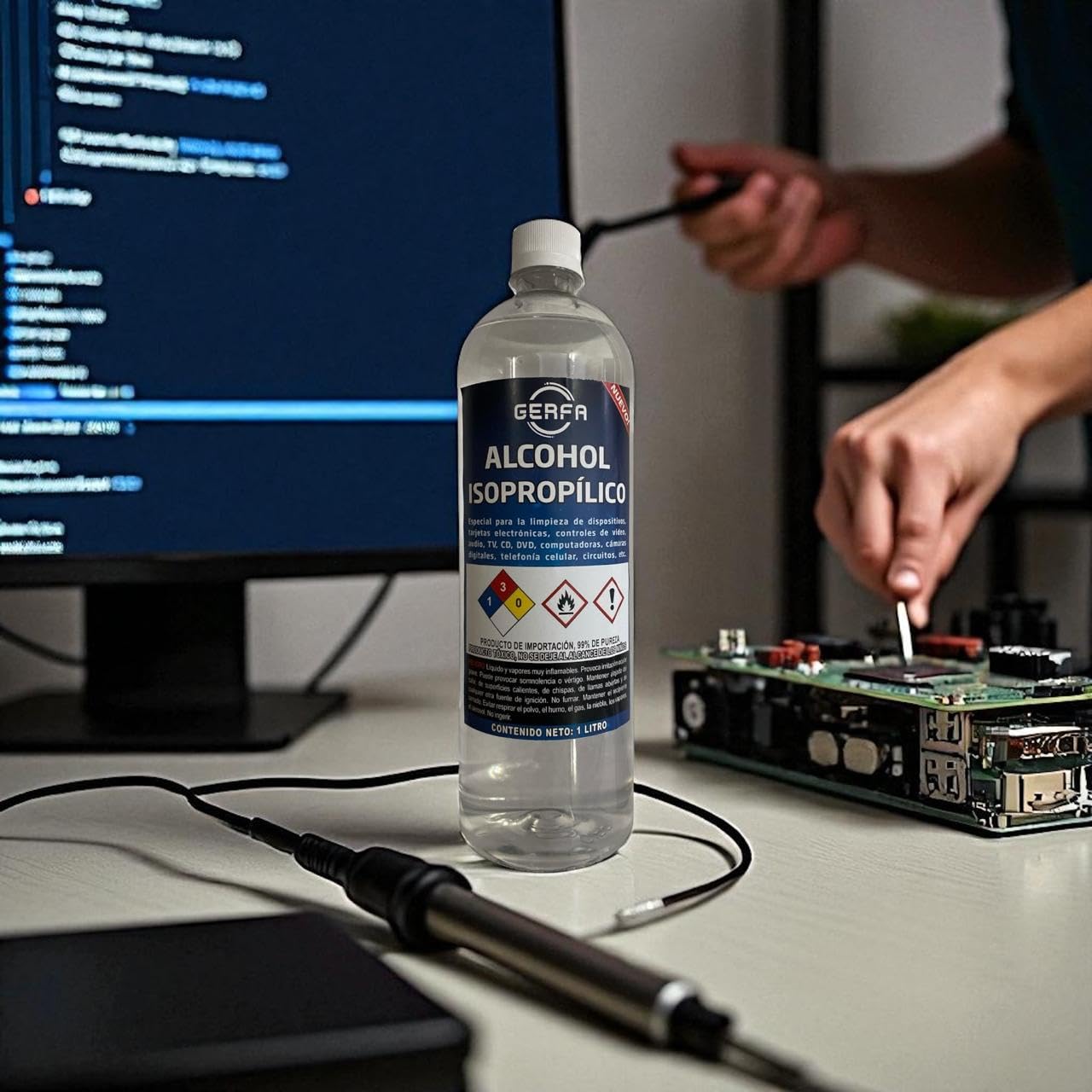 GERFA Alcohol Isopropílico 99% Pureza, 1 Litro - Ideal para Limpieza de Equipos Electrónicos, y Componentes Delicados. Alcohol de Alta Calidad para Mantenimiento y Uso Profesional