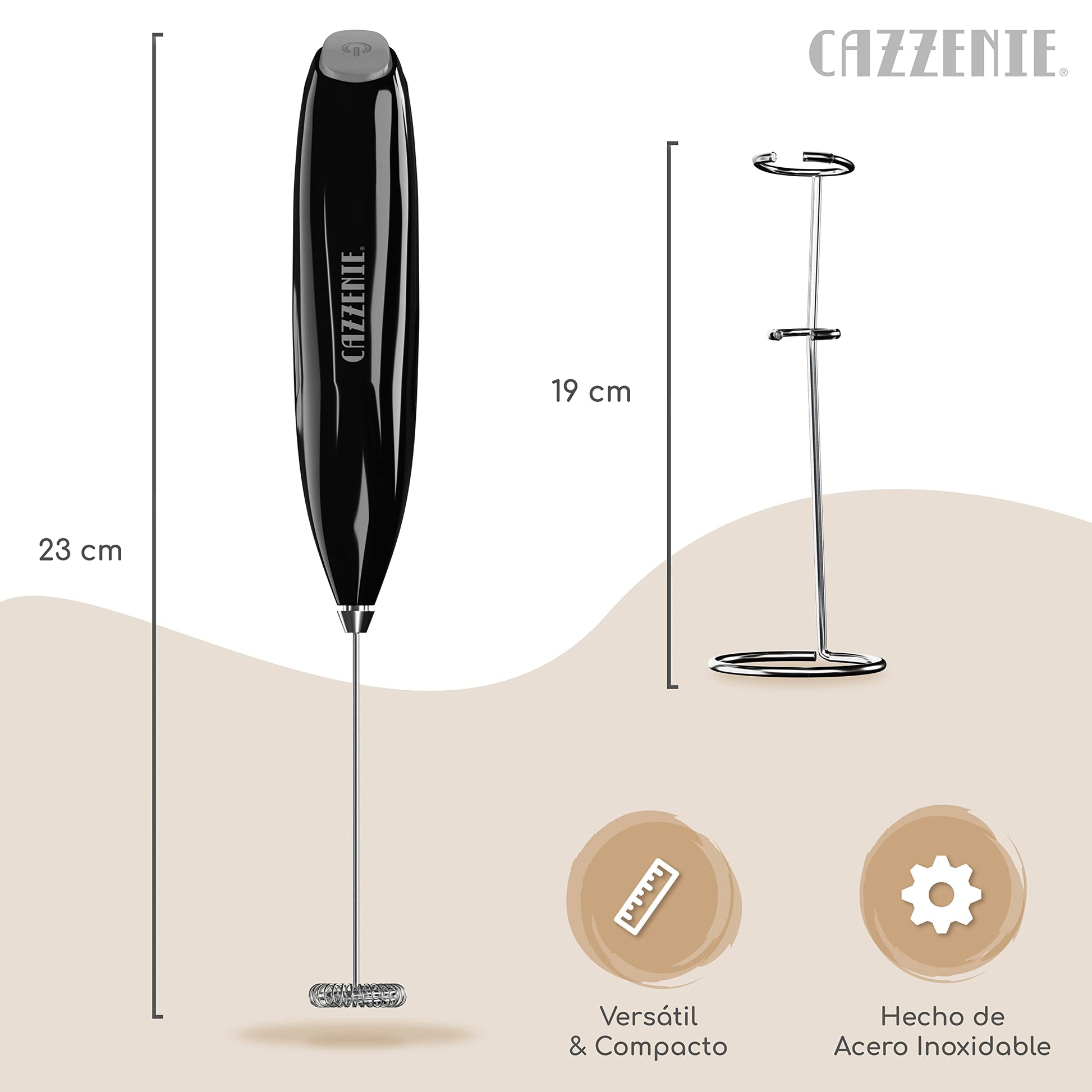 Cazzenie Espumador de Leche eléctrico con batidor y base. Batidor Premium de mano para café, capuchino o cócteles. Batidor de huevo o para tipo de bebidas en vaso o taza. Barista. Milk Frother