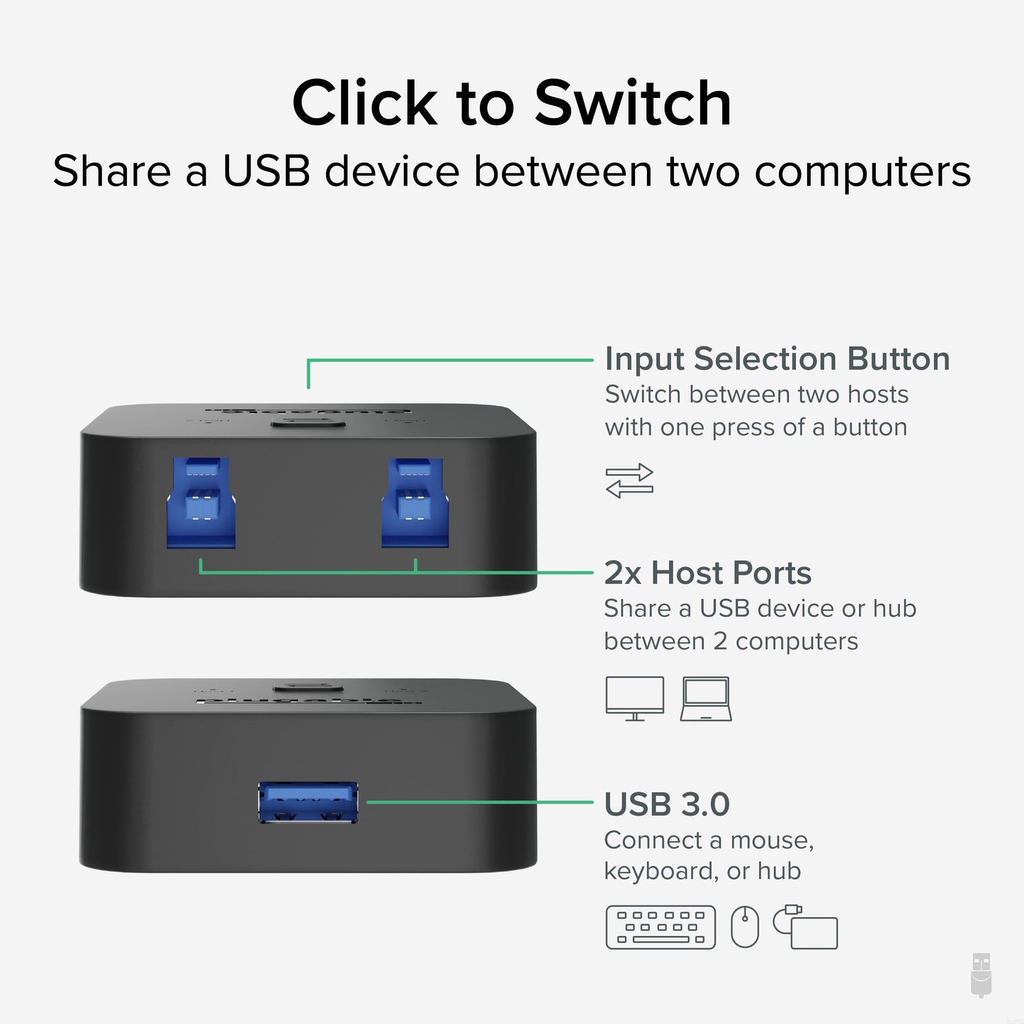 Plugable USB3-SWITCH2 USB Switch USB Type B, External, 1 USB Port, 1 USB 3.0 Port, PC, Mac, Linux