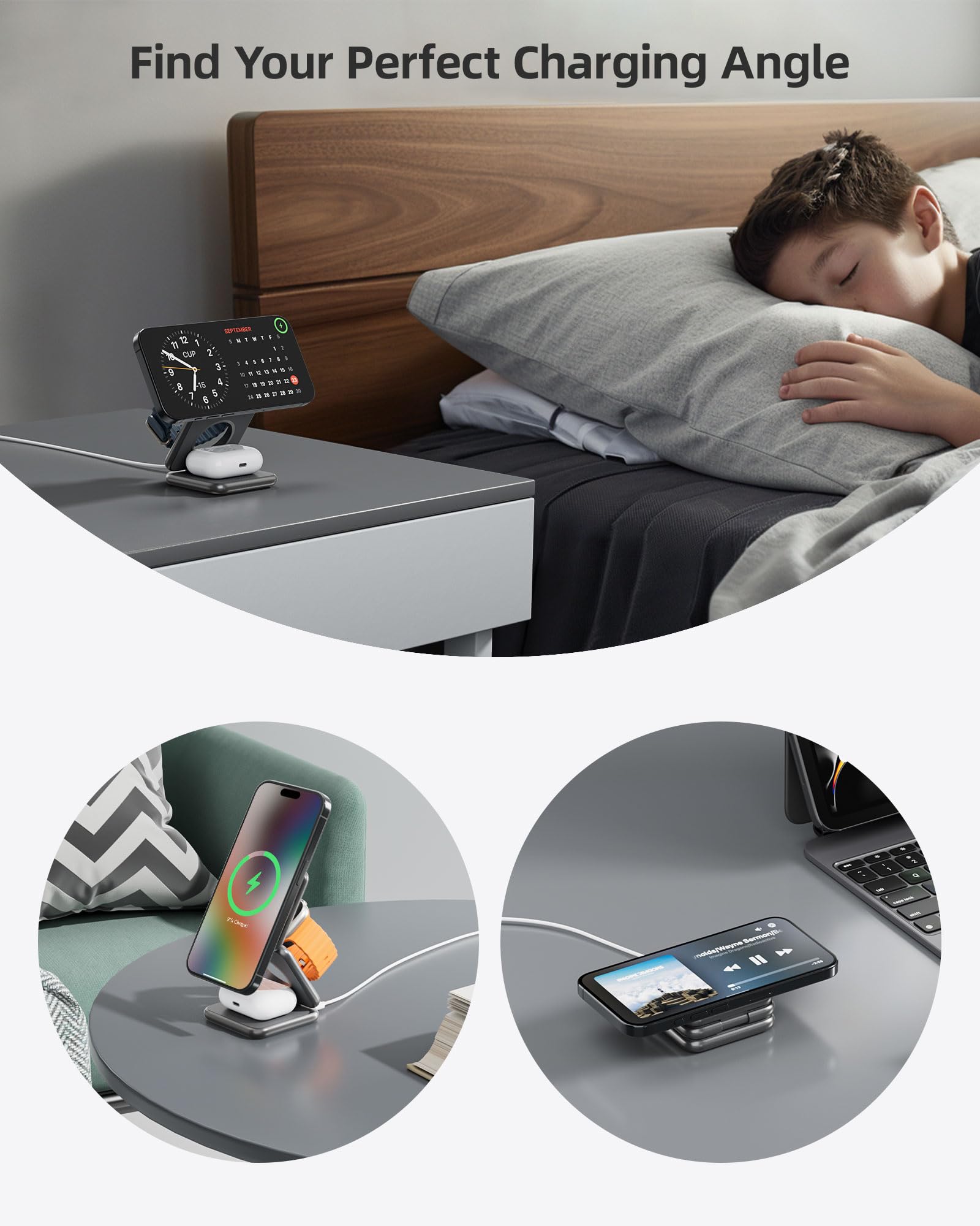 Estación de Carga 3 en 1 KU XIU X40Q Plata con Soporte Magnético Inalámbrico para iPhone y Apple Watch