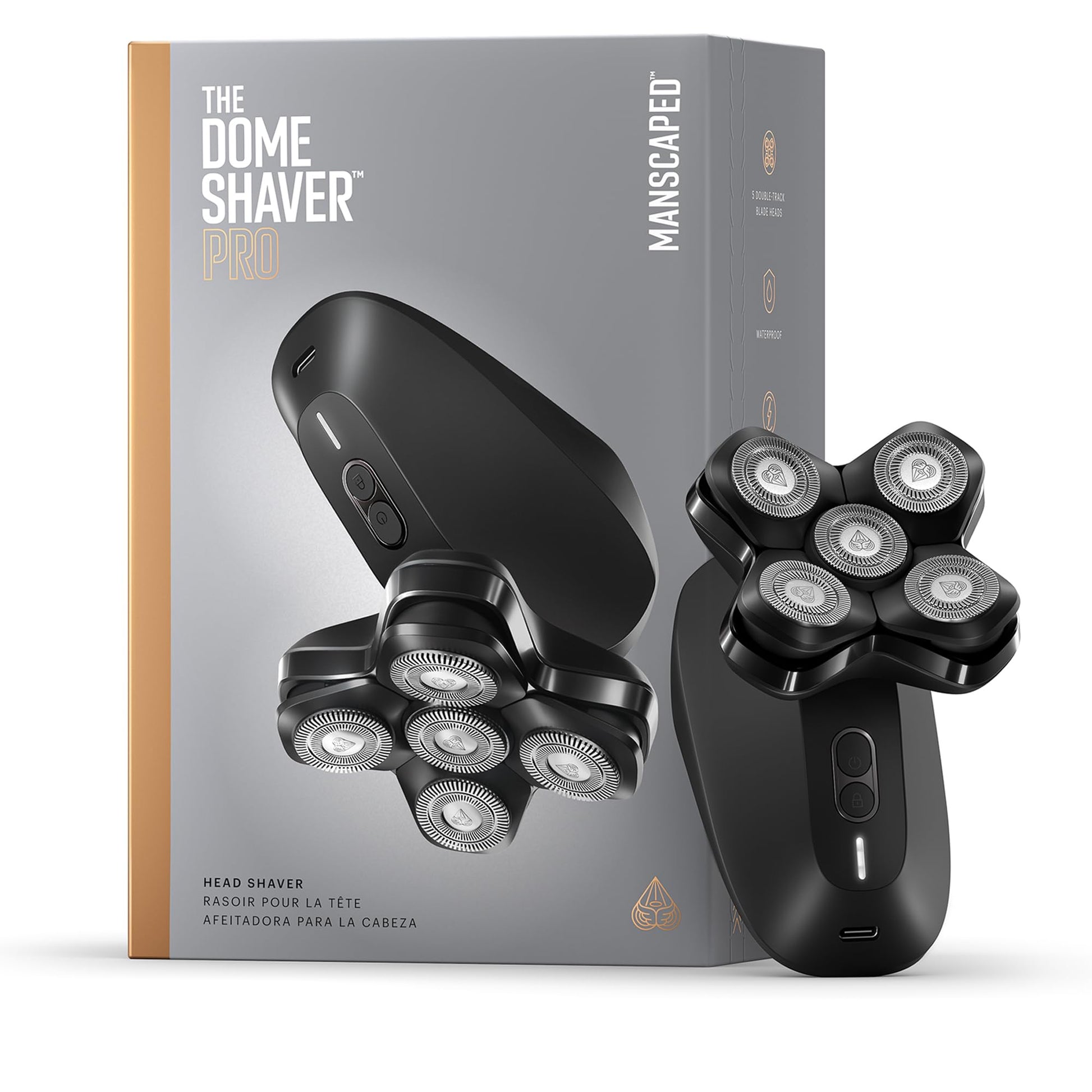 MANSCAPED® The Dome Shaver™ PRO: afeitadora para hombres, diseño rotatorio de 5 cuchillas con tecnología SkinSafe® y FlexAdjust, resistente al agua, USB-C e inalámbrica, bloqueo para viajes