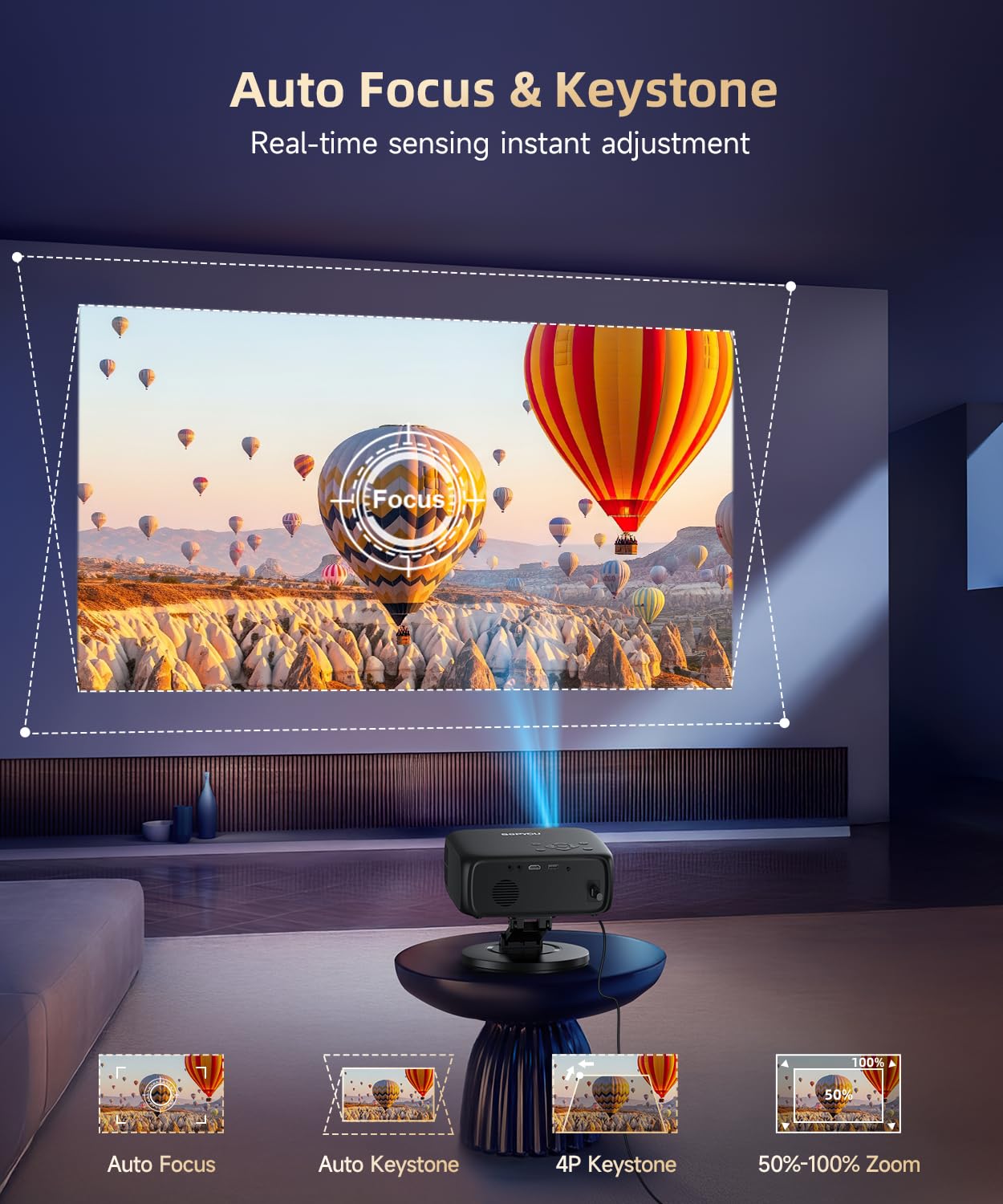 【Buit-in Google TV y control de voz】Proyector inteligente con WiFi y Bluetooth, enfoque automático y piedra clave, proyector de película portátil Native 1080P para exteriores con soporte giratorio de
