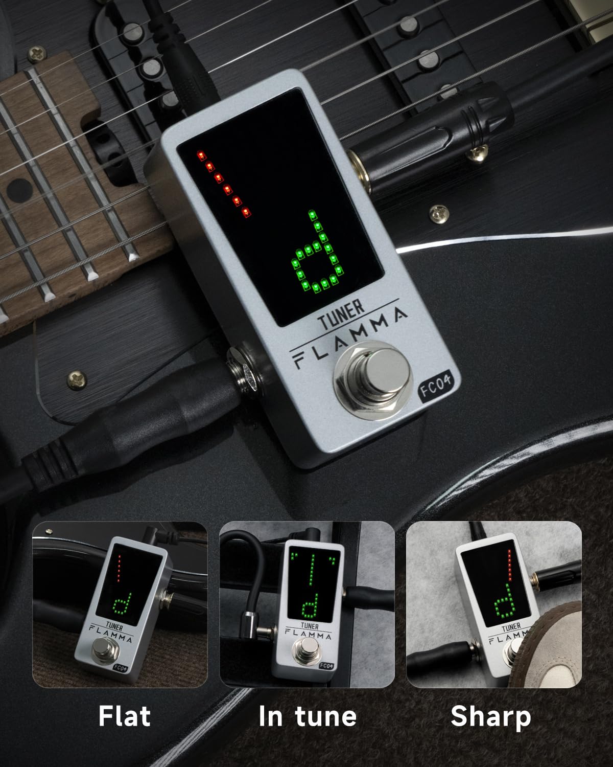 FLAMMA Afinador de Guitar FC04 Cromático, Afinador de Pedal para Guitarra y Bajo con Precisión de 1 Centavo, True Bypass