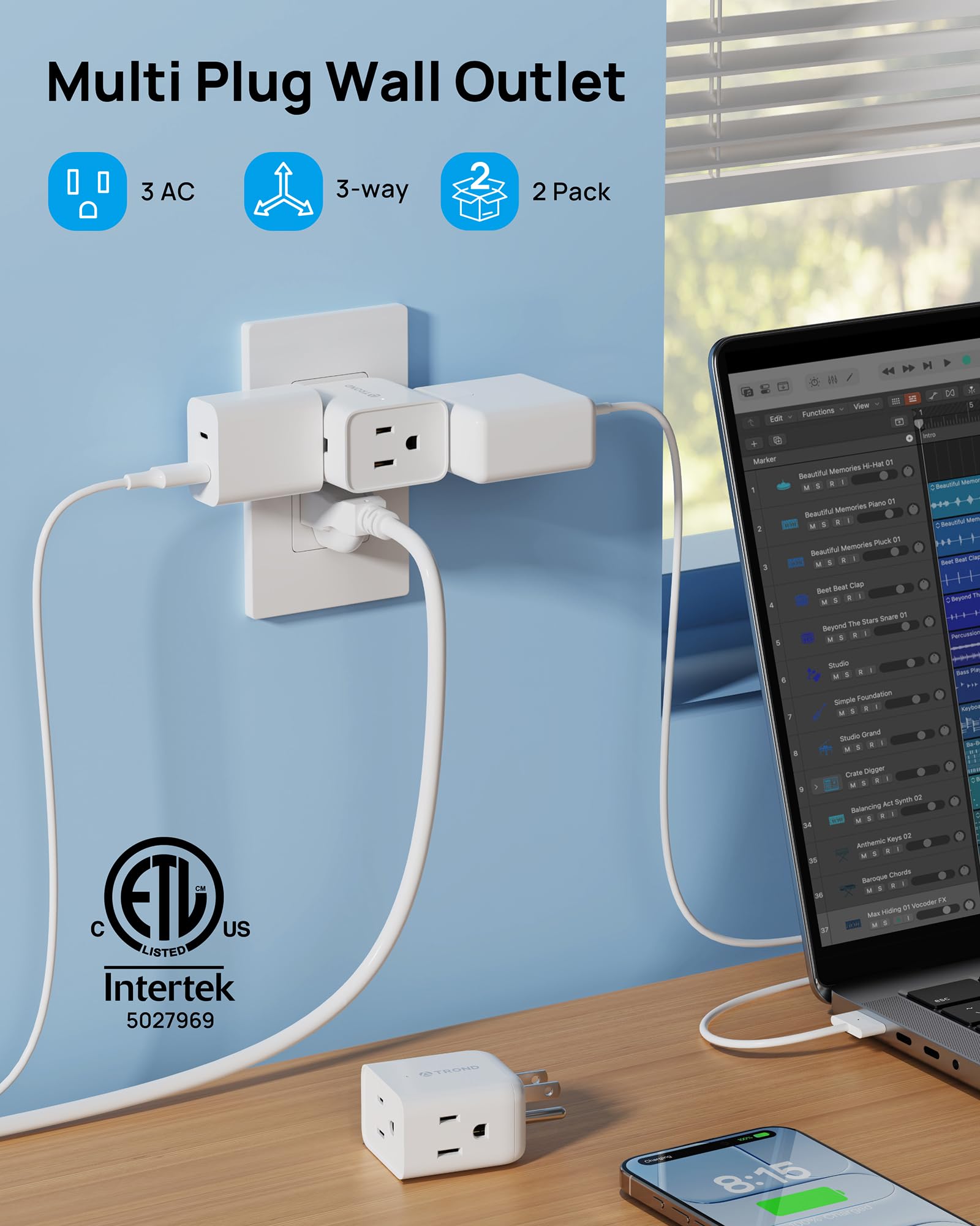 TROND Extensor de enchufe múltiple, Paquete de 2 divisores de toma de pared eléctricos, extensor de enchufe de 3 vías, adaptador de enchufe múltiple para mini enchufe de pared