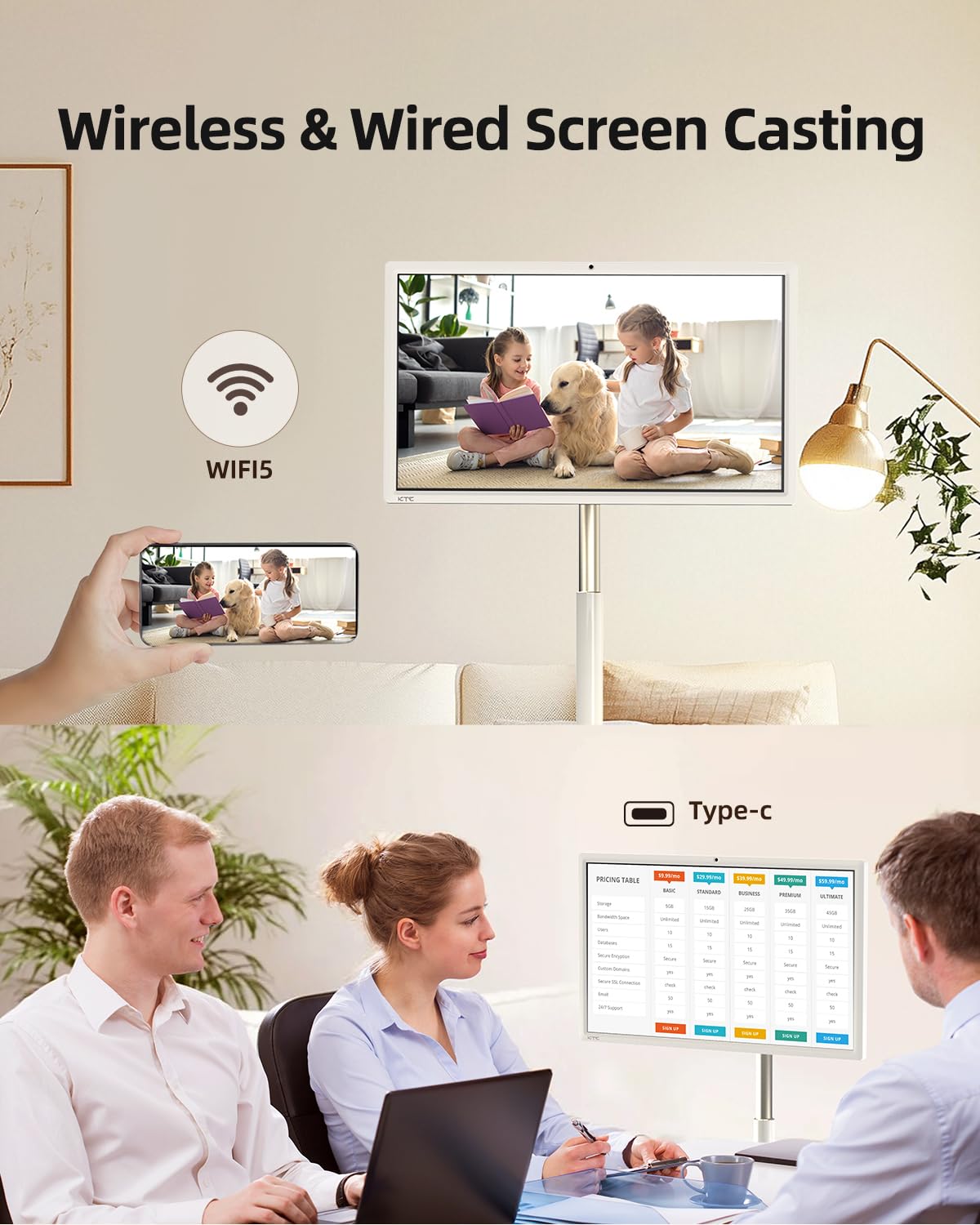 KTC Monitor portátil de TV de 27 pulgadas, monitor de computadora para juegos de visualización táctil 1080P, 60Hz, cámara Bulitin, compatible con Google TV, contraste 4000:1, batería de 9500 mAh