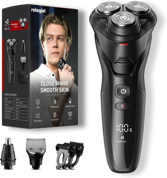 Maquinilla de Afeitar Eléctrica Rategist Negro Brillante 3 en 1 para Hombres