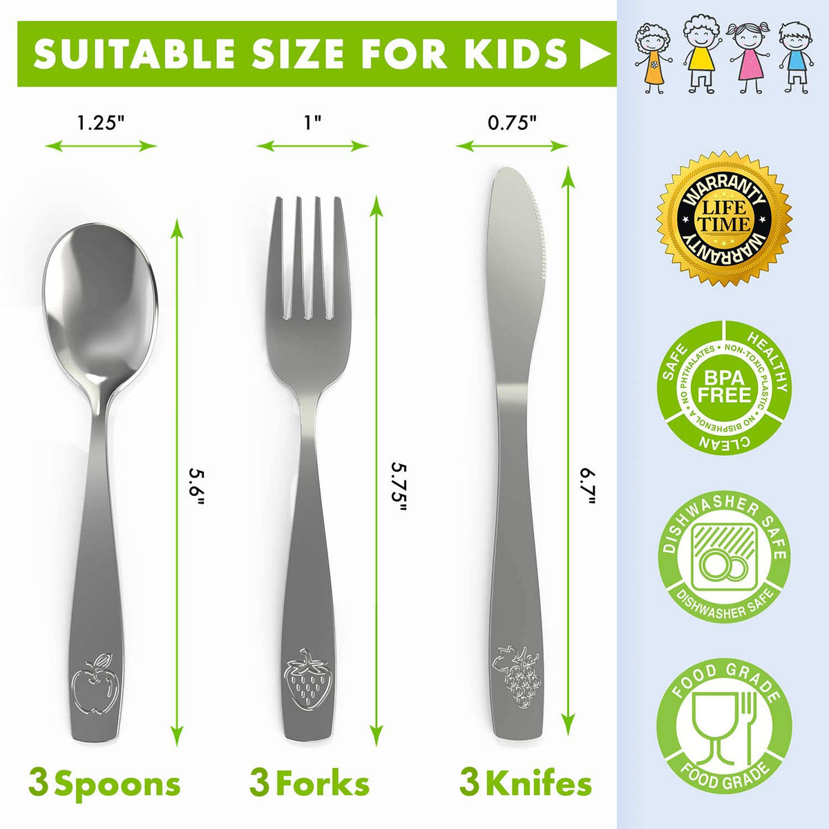 Juego de cubiertos de acero inoxidable de 9 piezas para niños, cubiertos seguros para niños y niños, juego de utensilios para niños, juego de cubiertos de metal para niños, incluye 3 cucharas pequeñas, 3 tenedores y 3 cuchillos