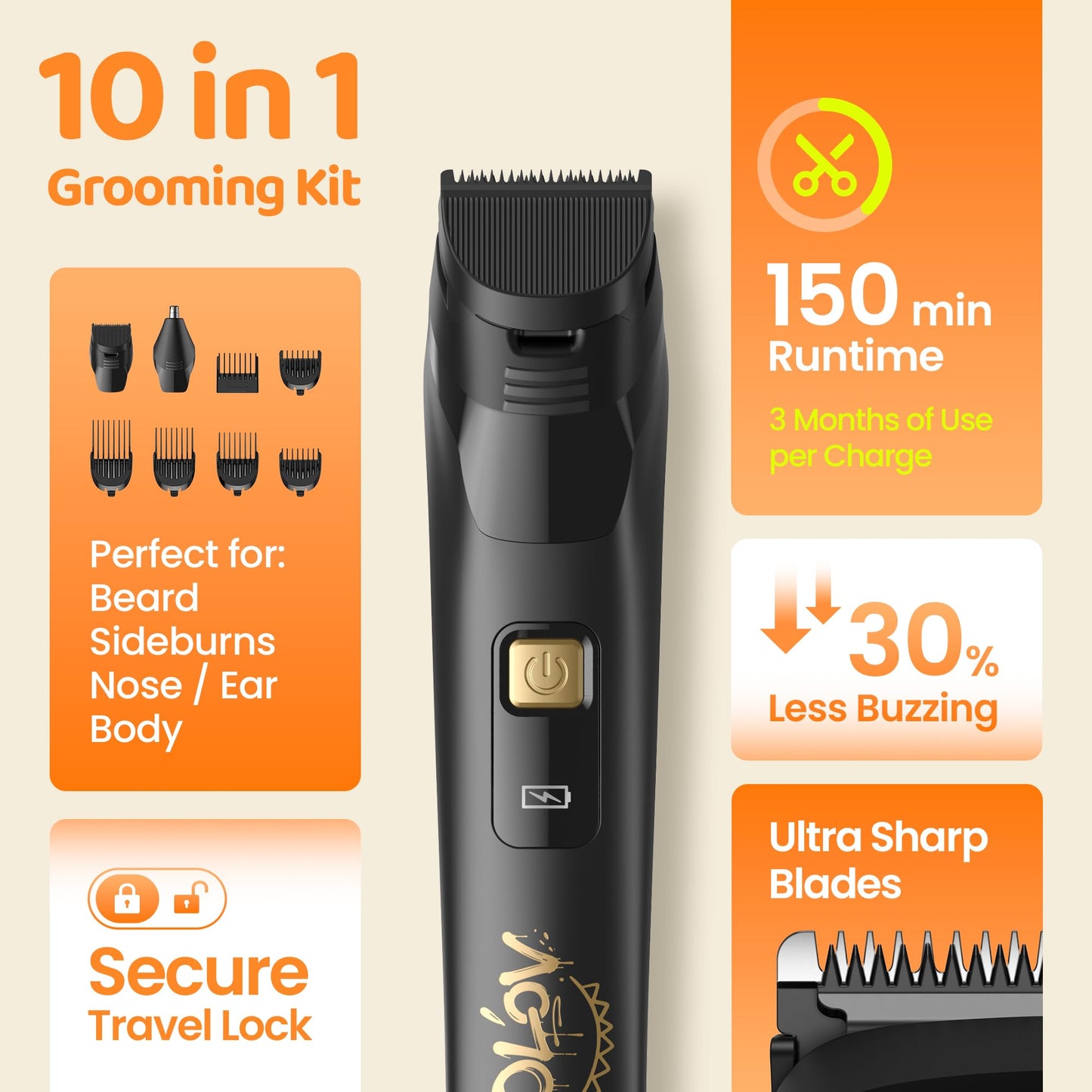 OLOV LITE - Cortadora de barba eléctrica para hombres, recortadora de pelo de nariz y maquinilla de afeitar eléctrica 10 en 1, kit de aseo inalámbrico listo para regalo para hombres (negro)