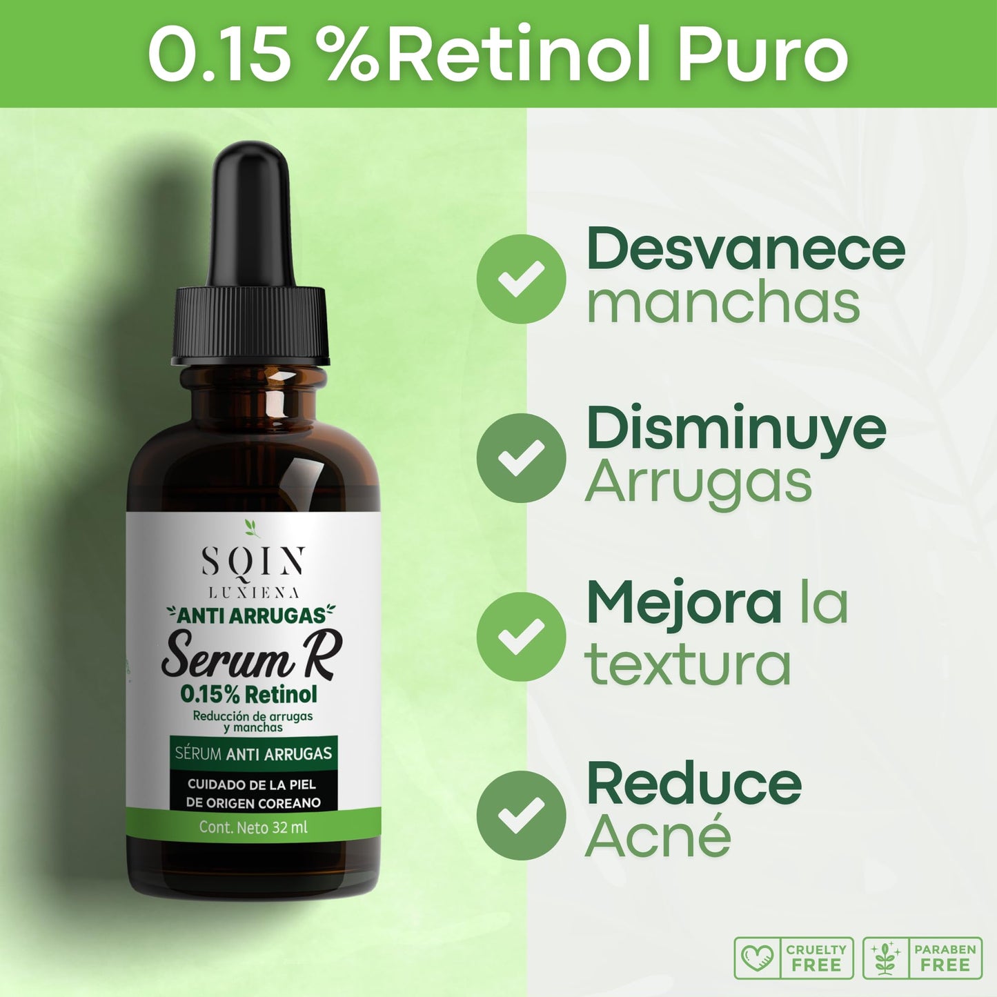 Sqin Luxiena Korean Serum Retinol 0.15%, Niacinamida y Vitamina E Facial. Suero Nocturno Antiarrugas + Anti Manchas. Serum de noche para signos de envejecimiento avanzados. 100% Skincare Coreano Vegano 32 ml.