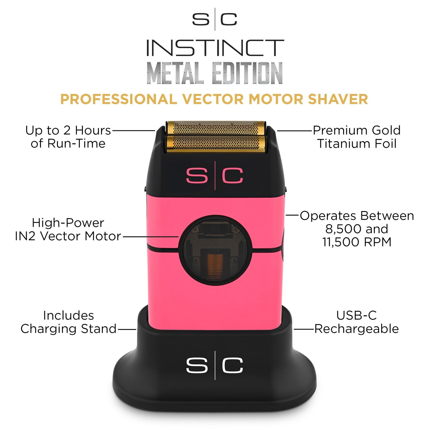 StyleCraft Instinct - Afeitadora de doble lámina de metal con control intuitivo de par IN2, recargable USB-C (rosa)