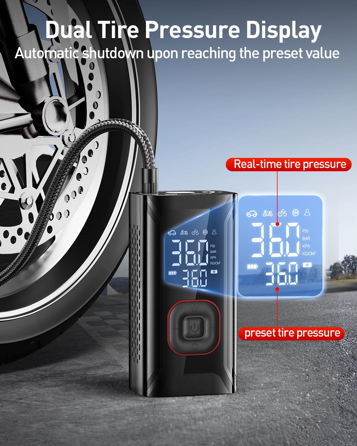 Inflador de neumáticos, compresor de aire portátil, bomba de aire portátil con medidor de presión digital, inflado para coches, bicicleta, motocicleta, bola